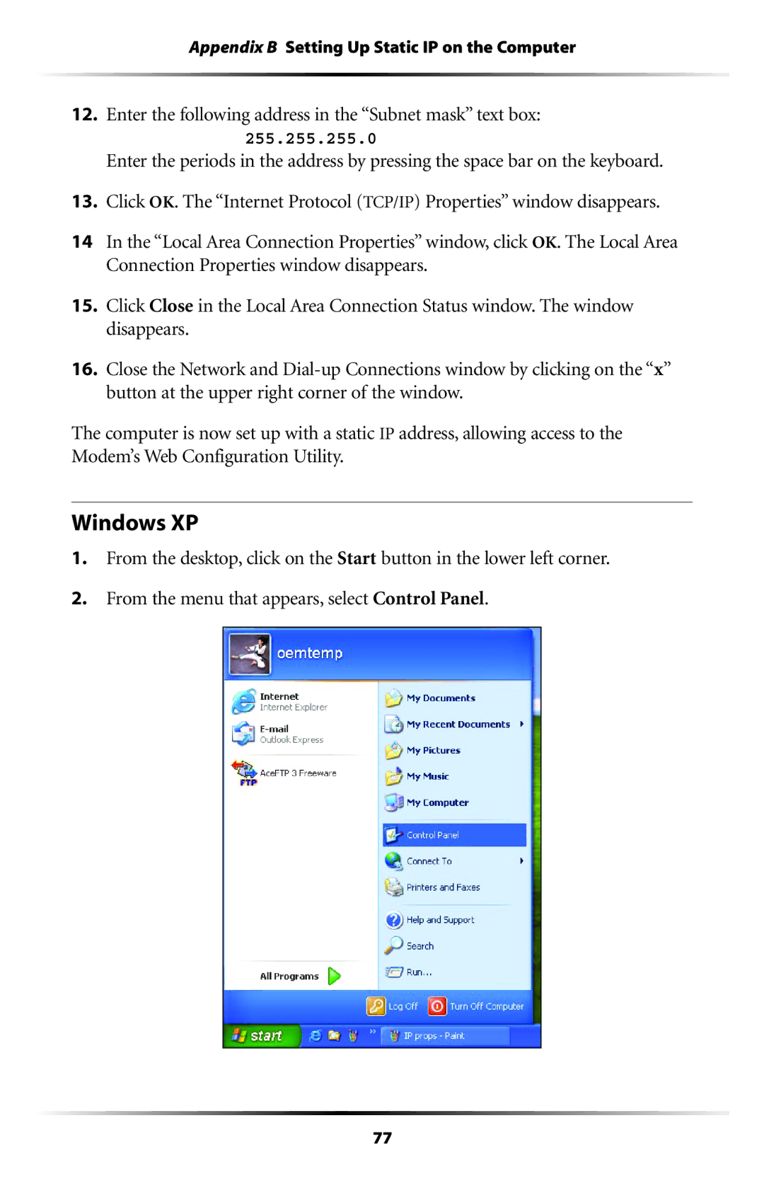 Actiontec electronic GT701 user manual Windows XP, Enter the following address in the Subnet mask text box 