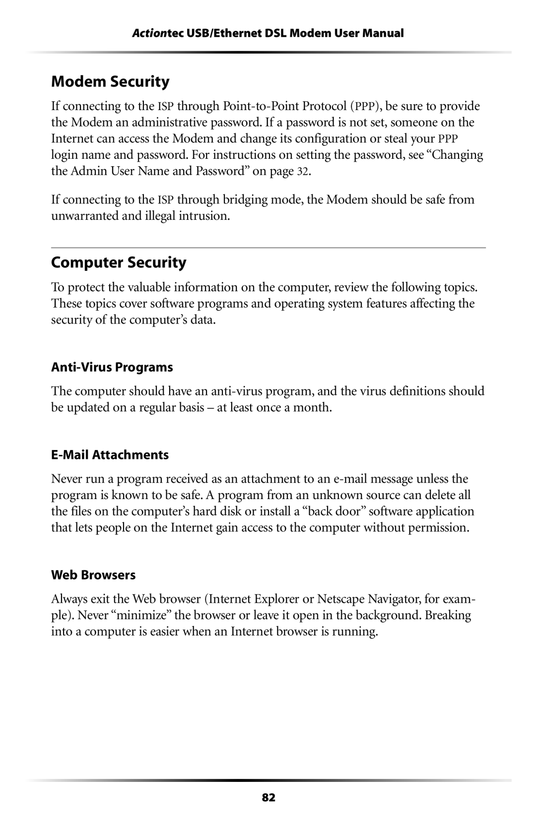 Actiontec electronic GT701 user manual Modem Security, Computer Security, Web Browsers 