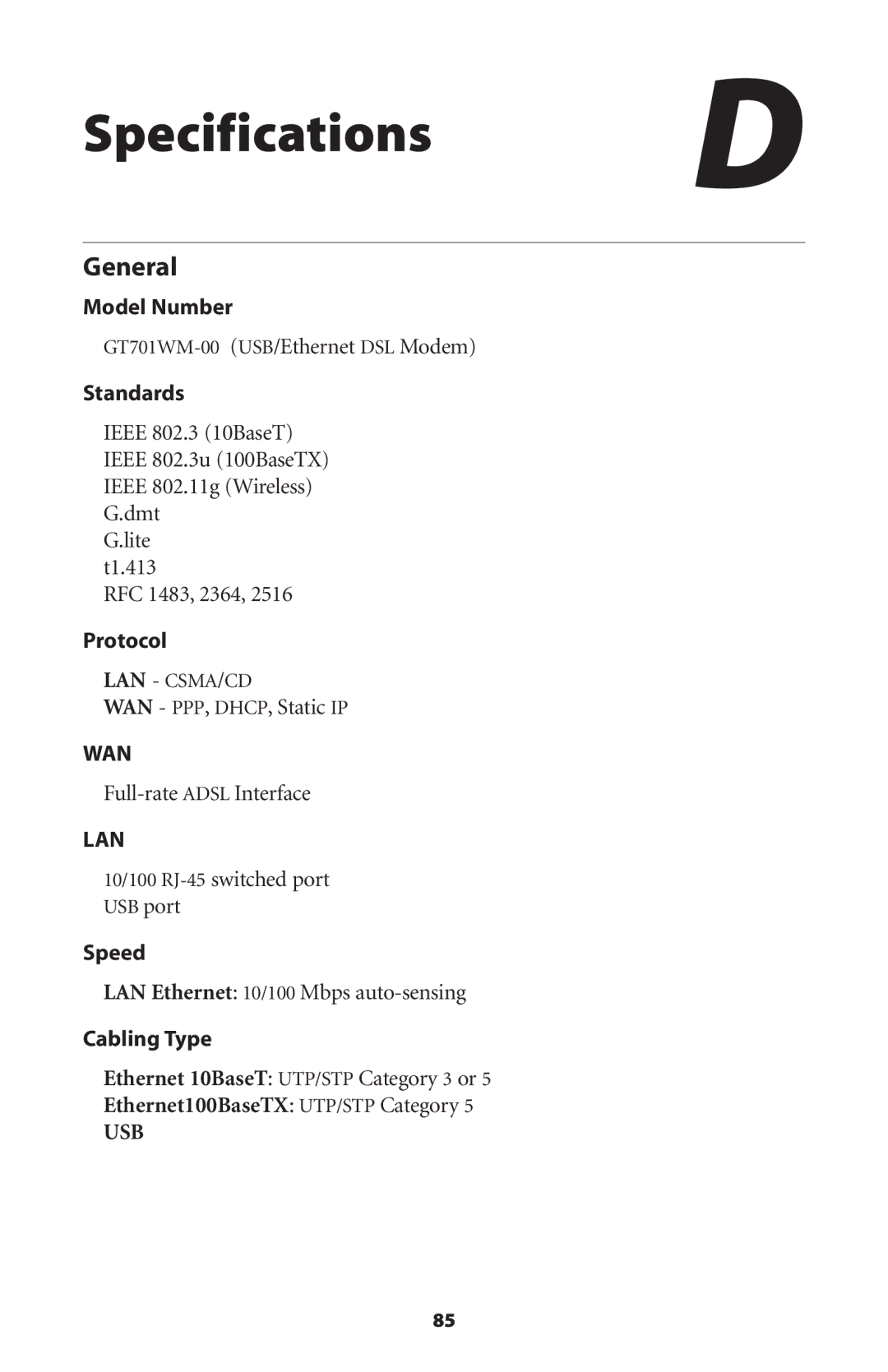 Actiontec electronic GT701 user manual Specifications D, General 