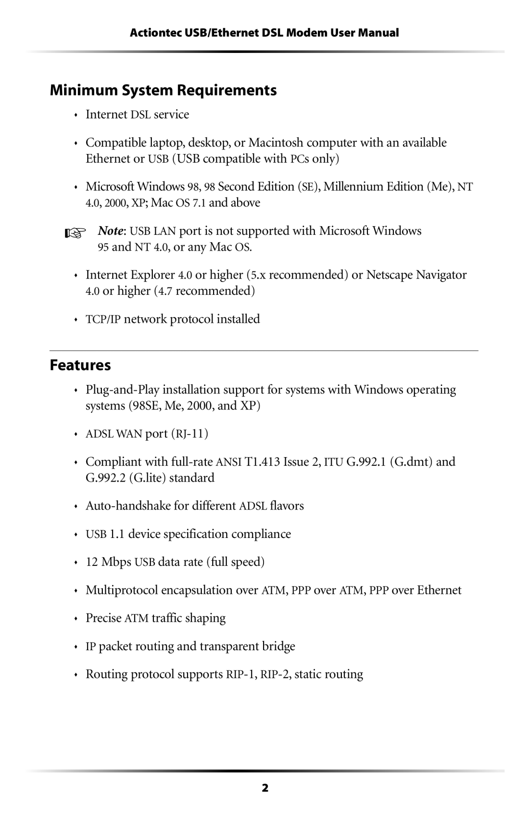 Actiontec electronic GT701A user manual Minimum System Requirements, Features 