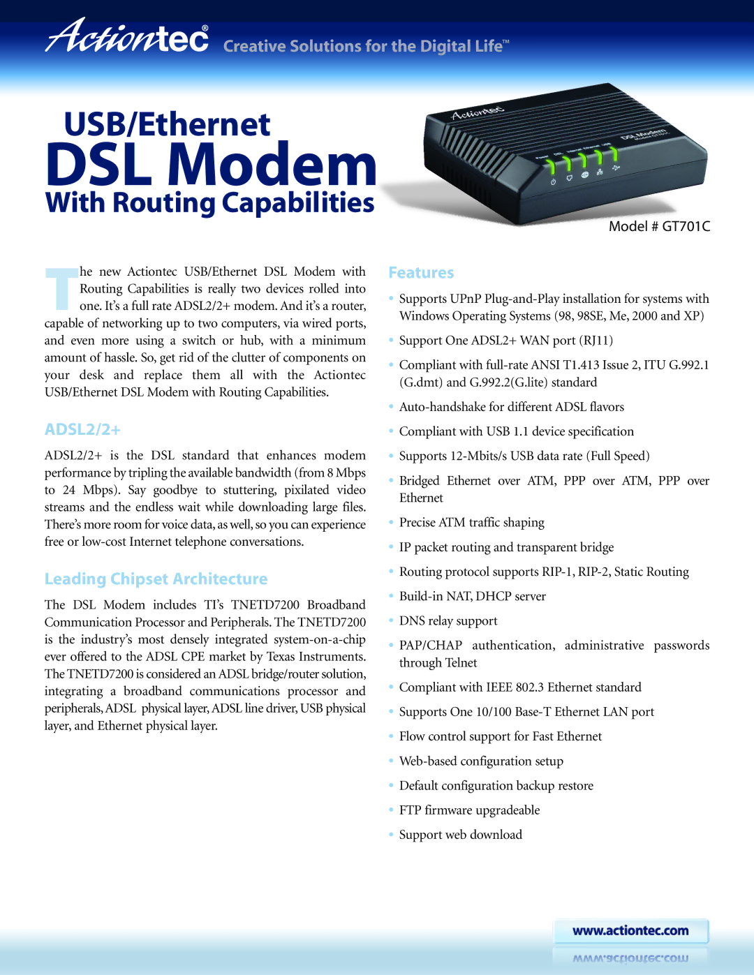 Actiontec electronic GT701C specifications ADSL2/2+, Leading Chipset Architecture, Features 