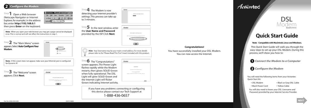 Actiontec electronic GT701D quick start Dsl, Quick Start Guide, Configure the Modem 