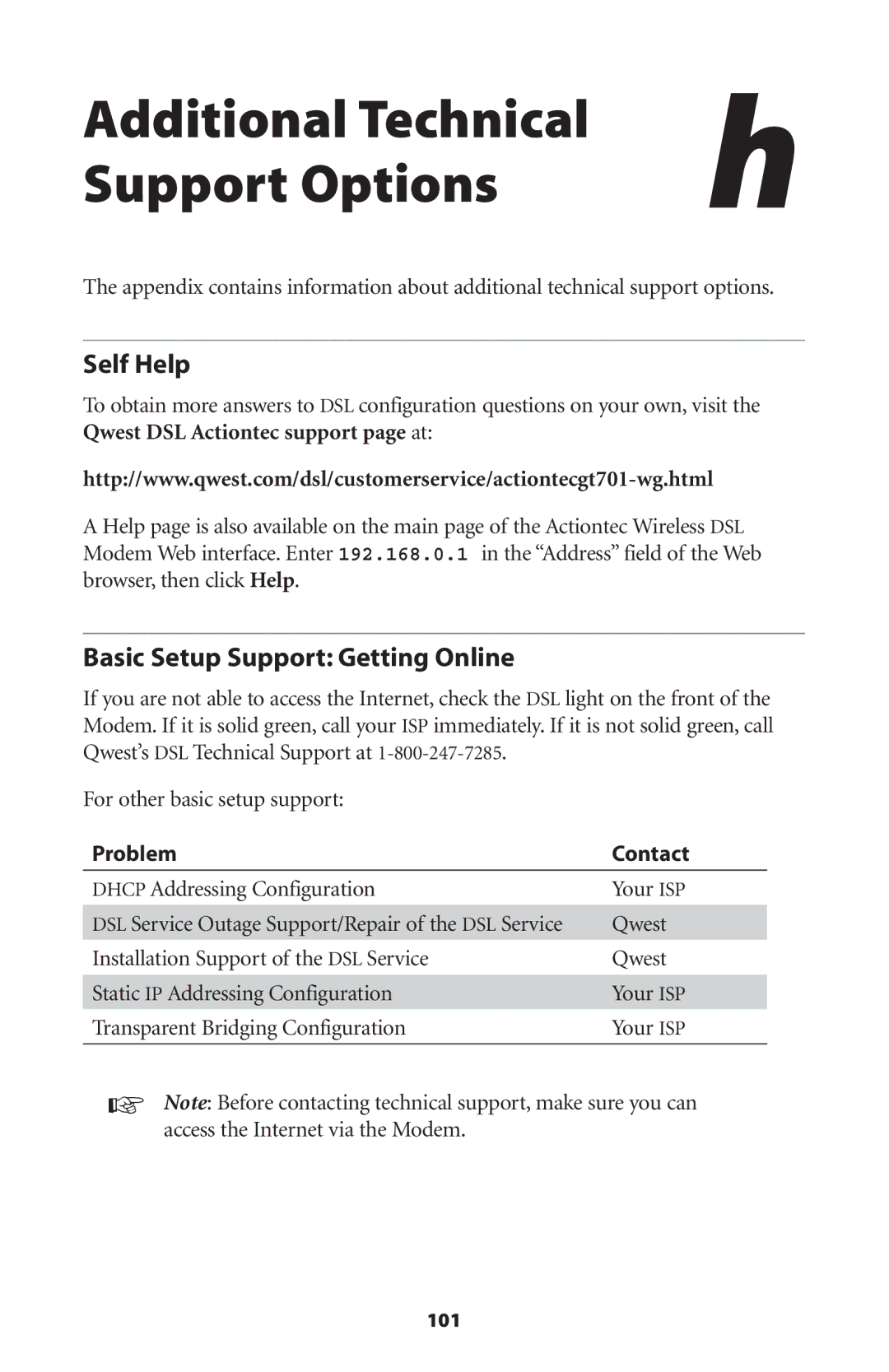 Actiontec electronic GT701WG-QW04 Additional Technical Support Options, Self Help, Basic Setup Support Getting Online 