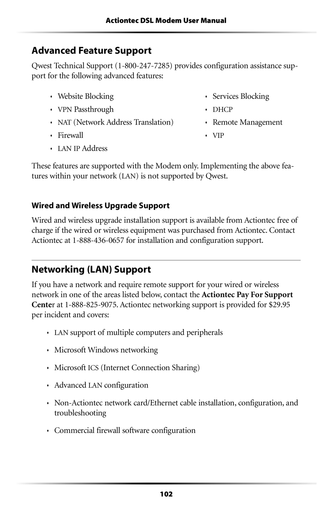 Actiontec electronic GT701WG-QW04 user manual Advanced Feature Support, Networking LAN Support 