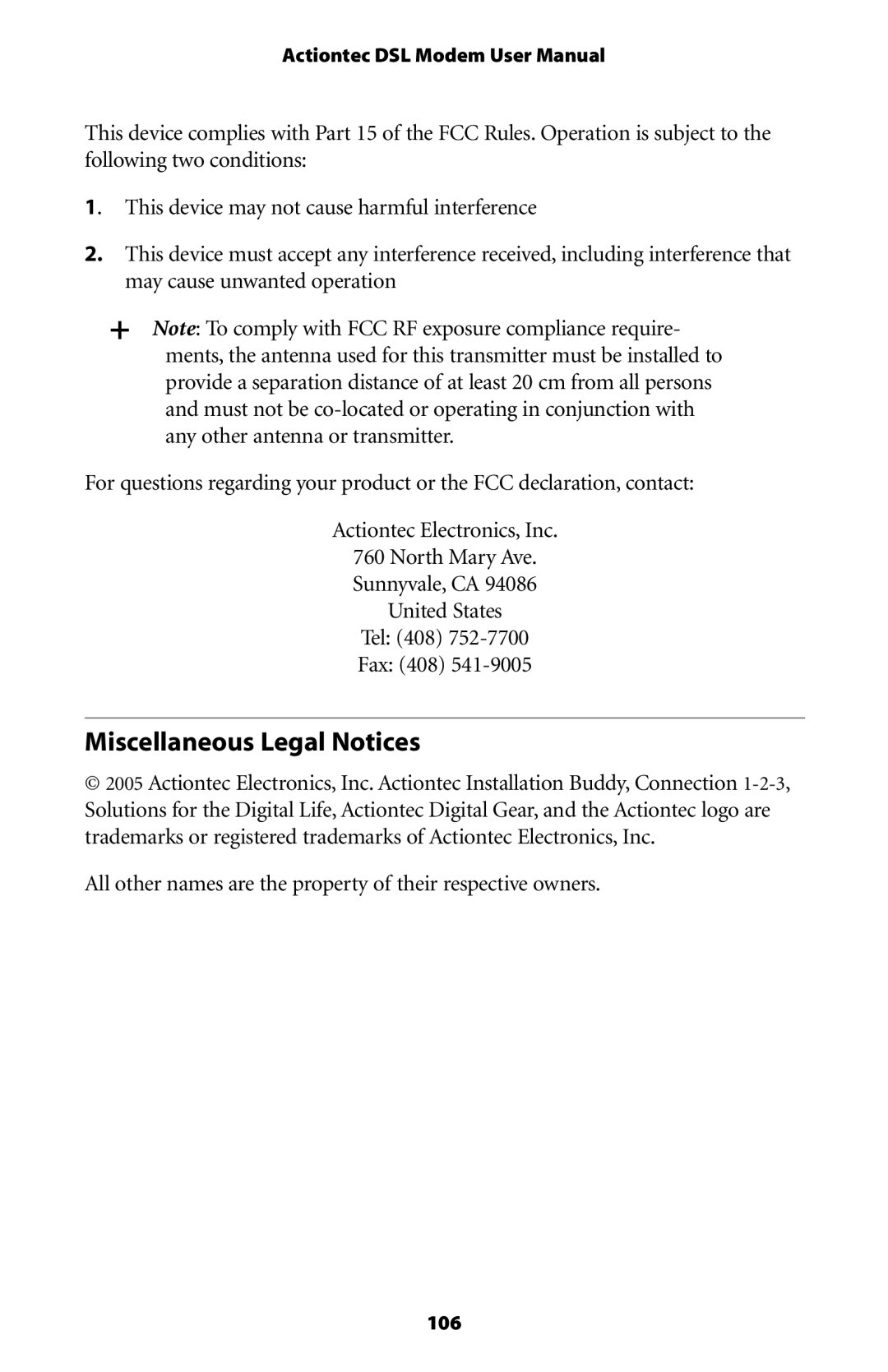 Actiontec electronic GT701WG-QW04 Miscellaneous Legal Notices, All other names are the property of their respective owners 