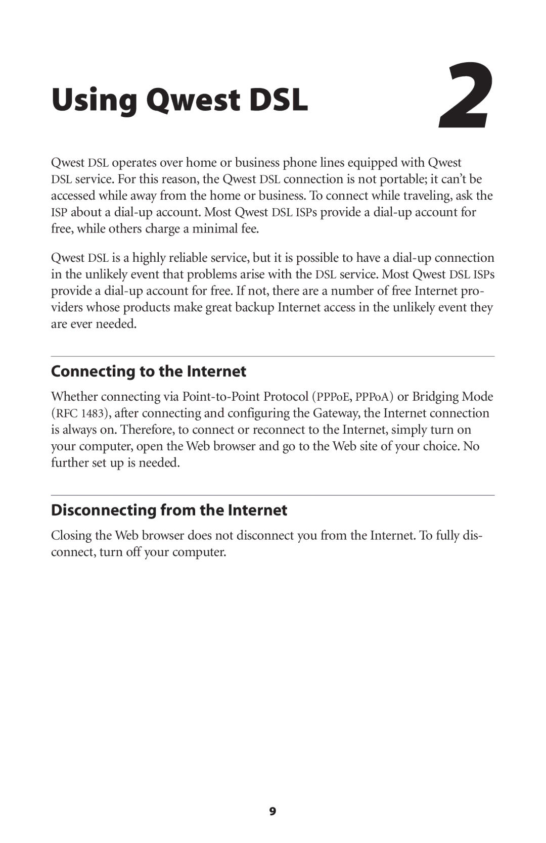 Actiontec electronic GT701WG-QW04 user manual Using Qwest DSL, Connecting to the Internet, Disconnecting from the Internet 