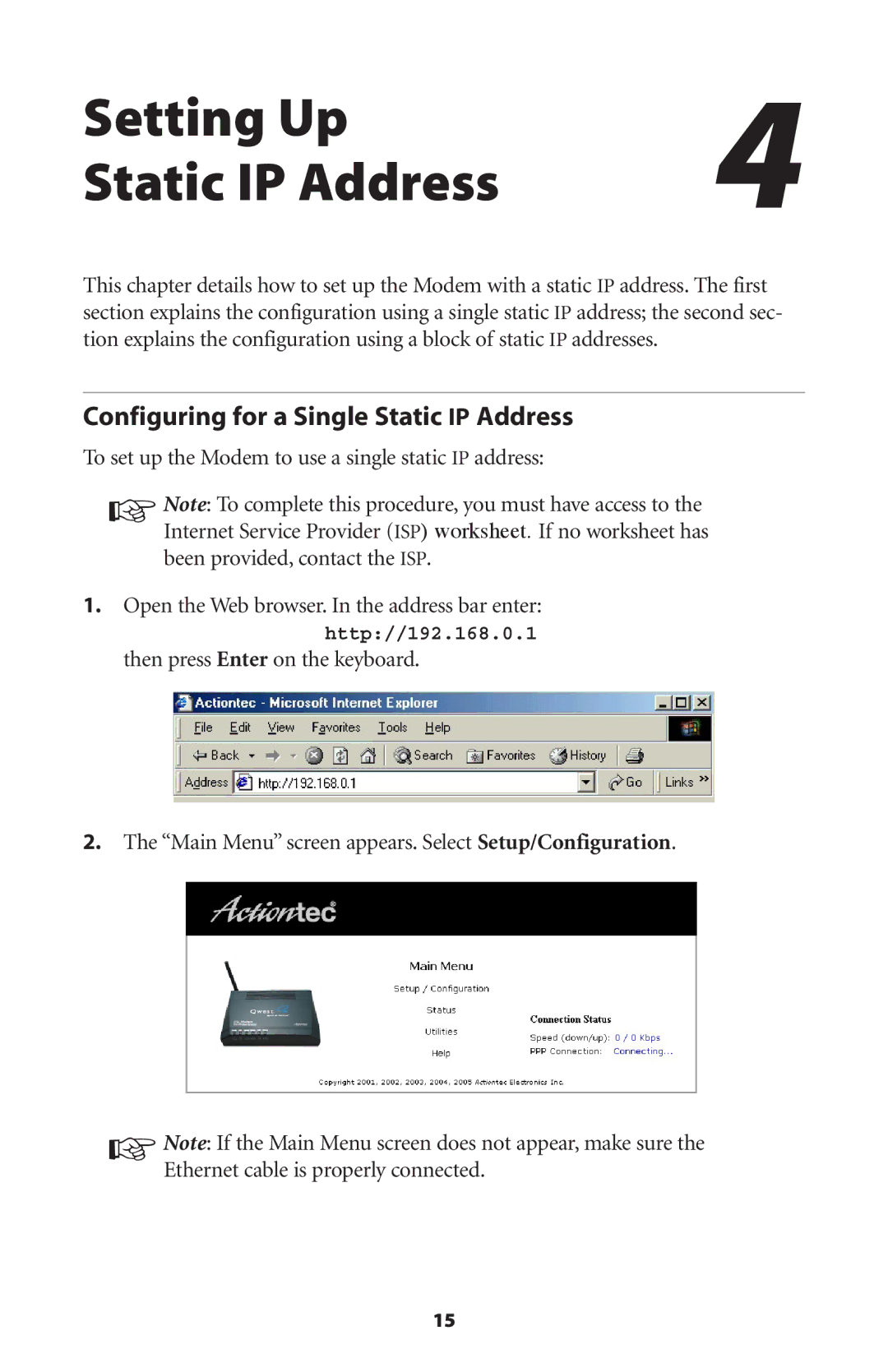 Actiontec electronic GT701WG-QW04 user manual Setting Up Static IP Address, Configuring for a Single Static IP Address 