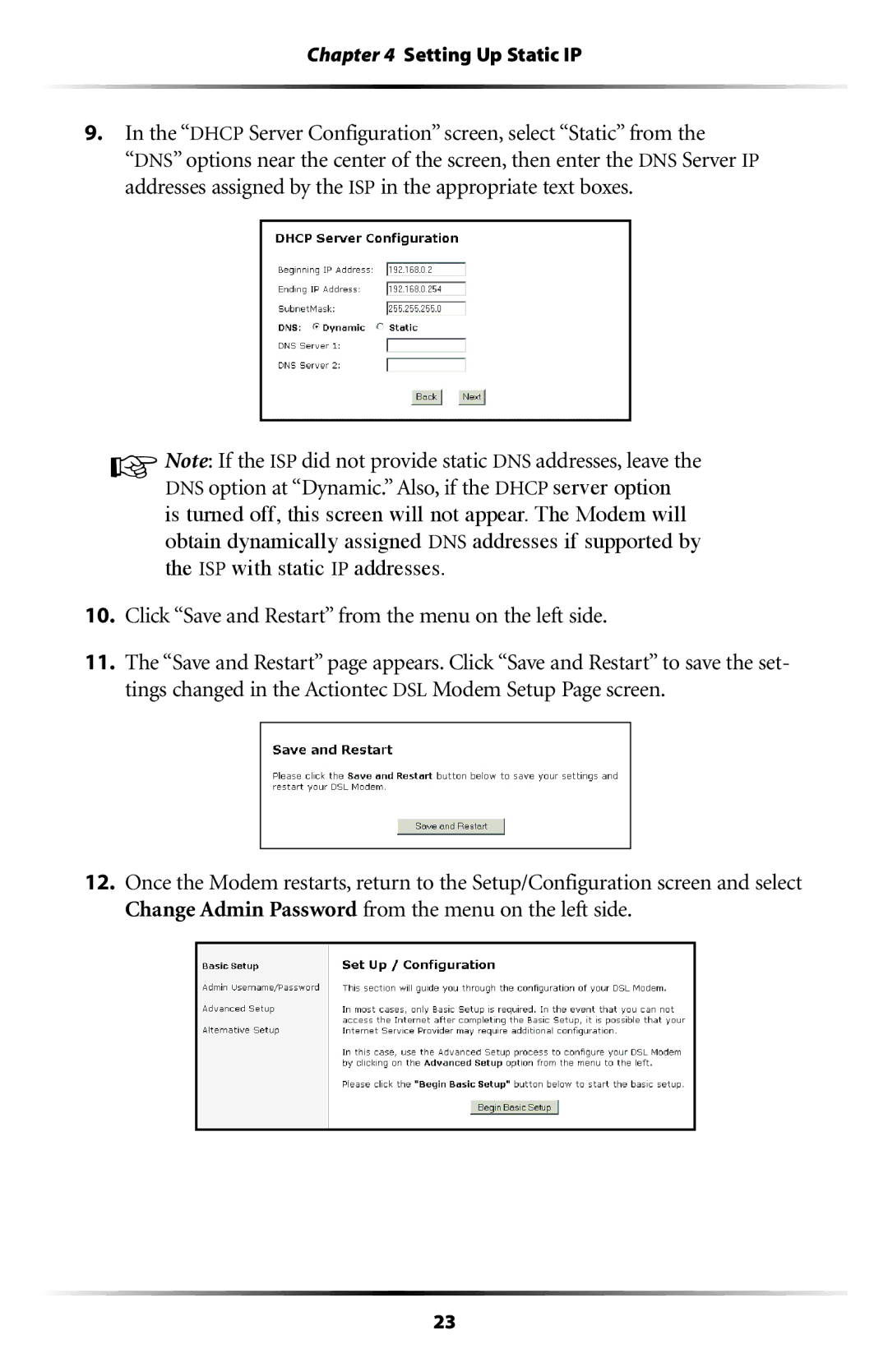 Actiontec electronic GT701WG-QW04 user manual Dhcp Server Configuration screen, select Static from 