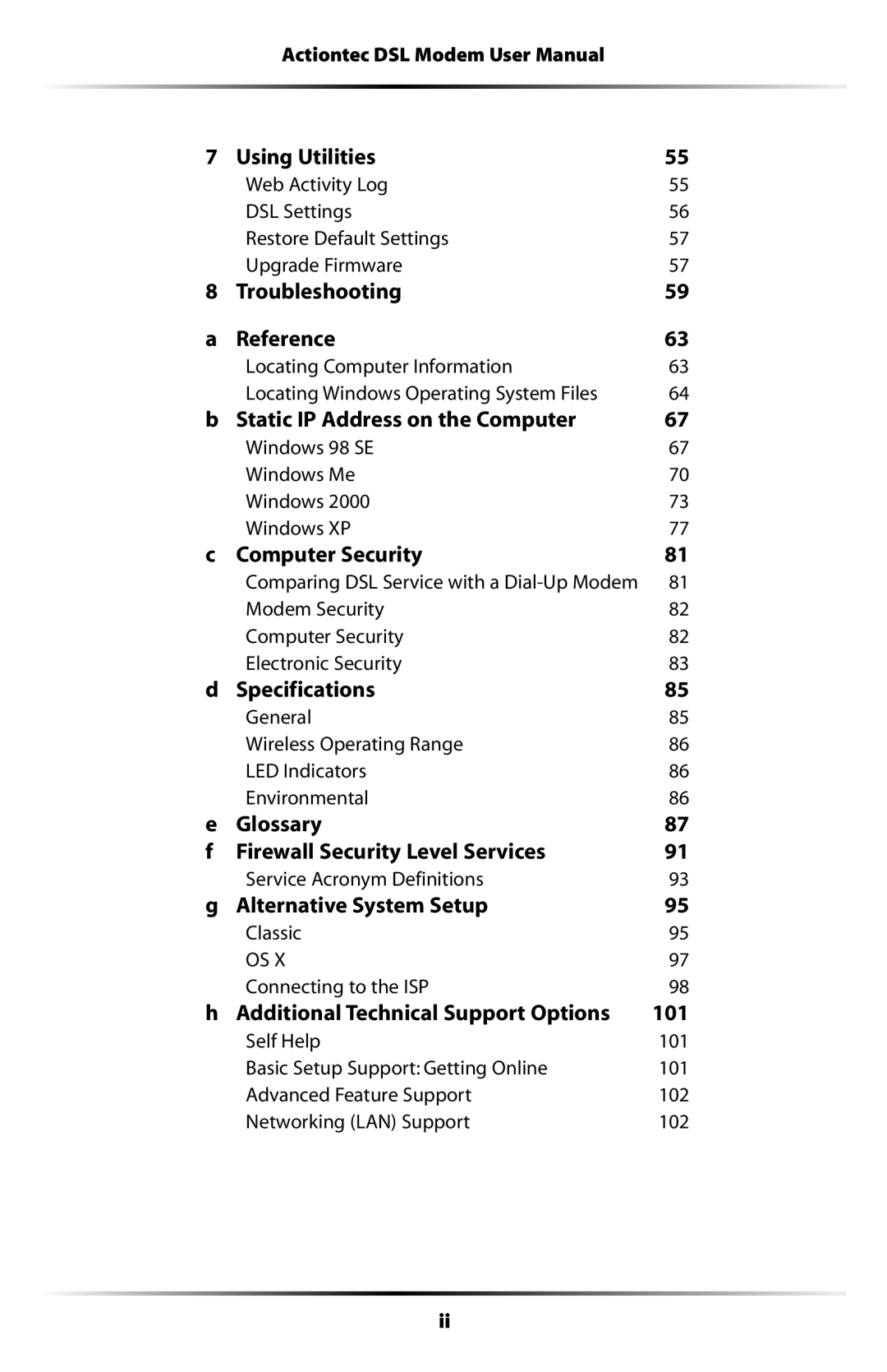 Actiontec electronic GT701WG-QW04 user manual Using Utilities, Troubleshooting Reference, Static IP Address on the Computer 