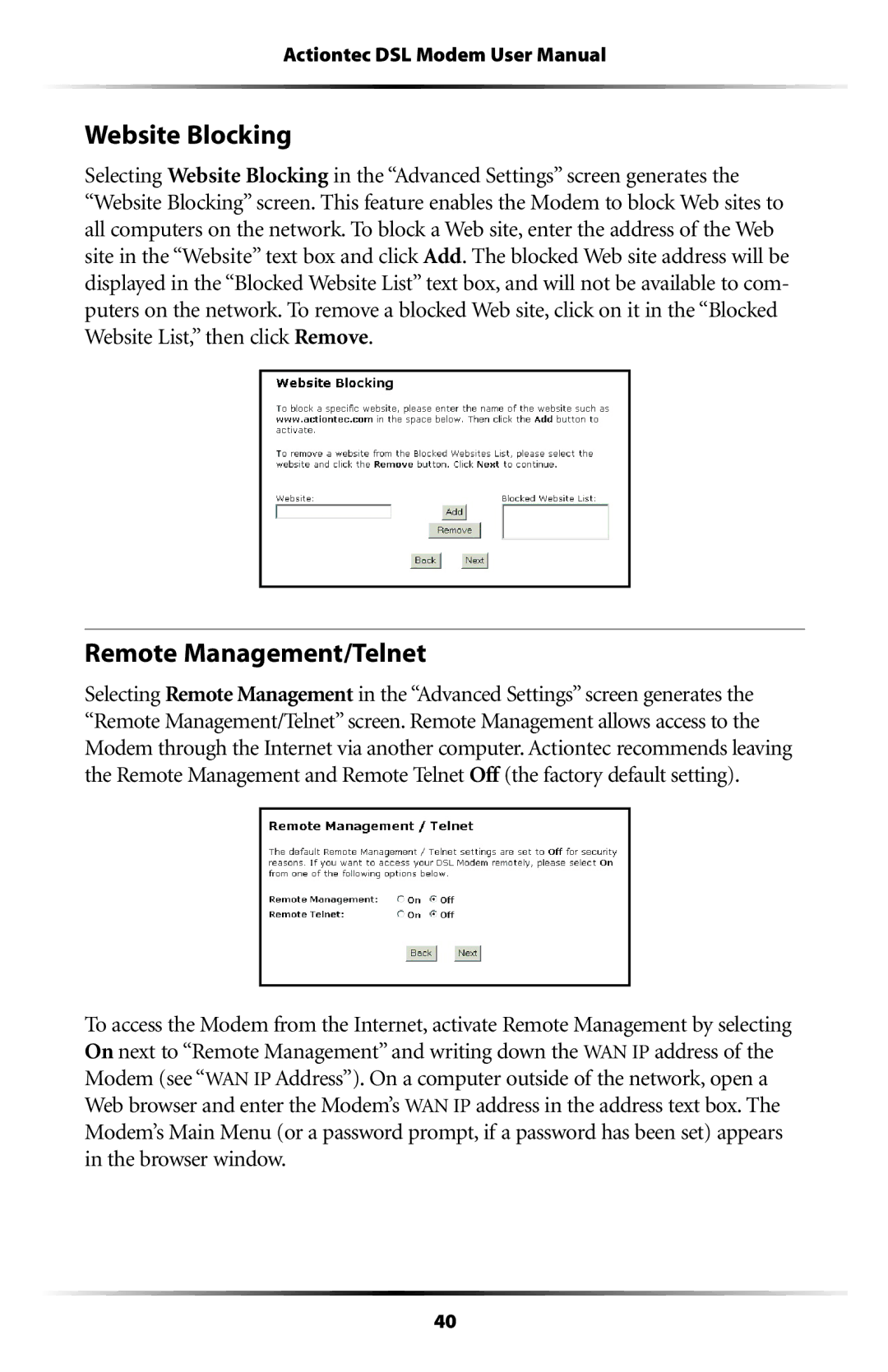 Actiontec electronic GT701WG-QW04 user manual Website Blocking, Remote Management/Telnet 