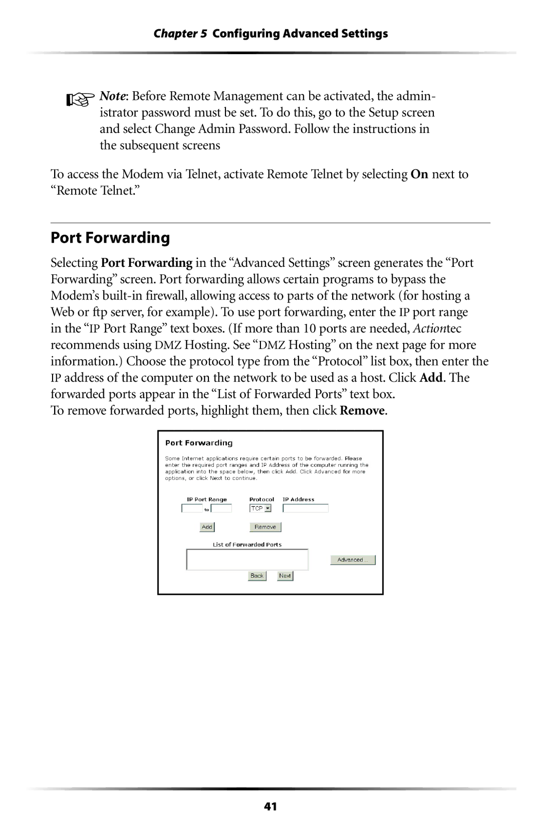 Actiontec electronic GT701WG-QW04 user manual Port Forwarding, To remove forwarded ports, highlight them, then click Remove 