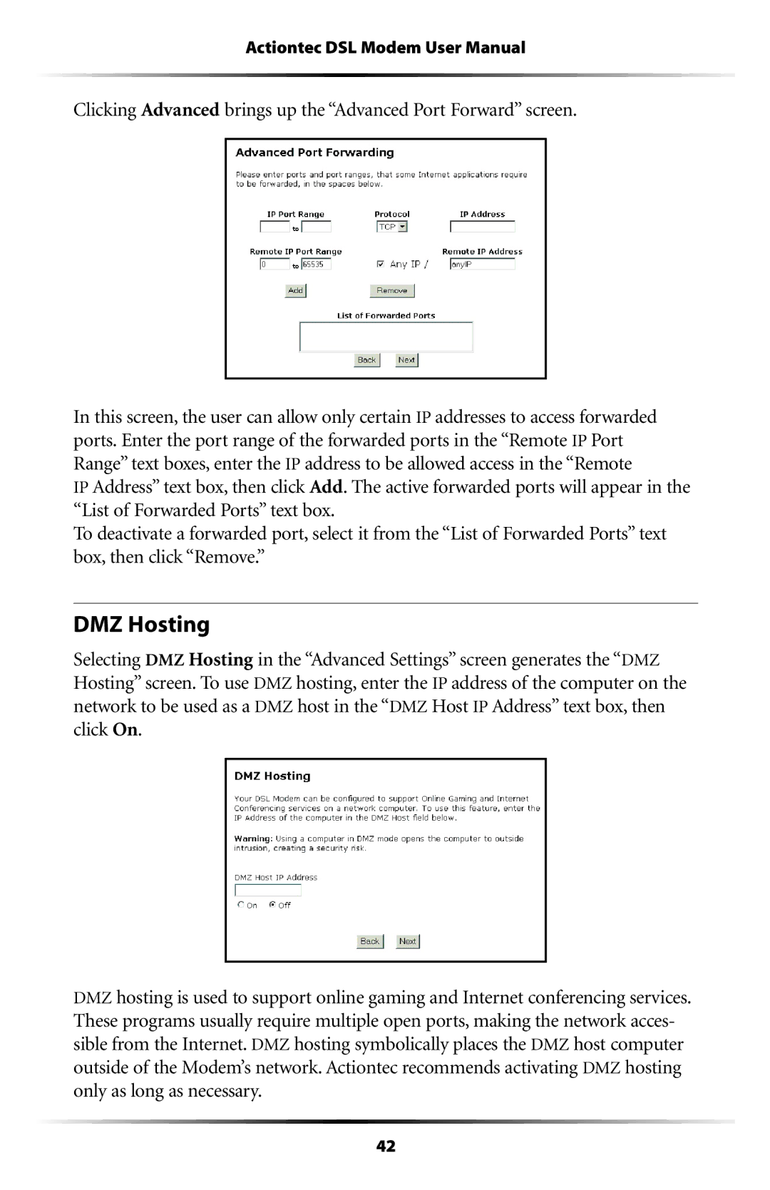 Actiontec electronic GT701WG-QW04 user manual DMZ Hosting, Clicking Advanced brings up the Advanced Port Forward screen 