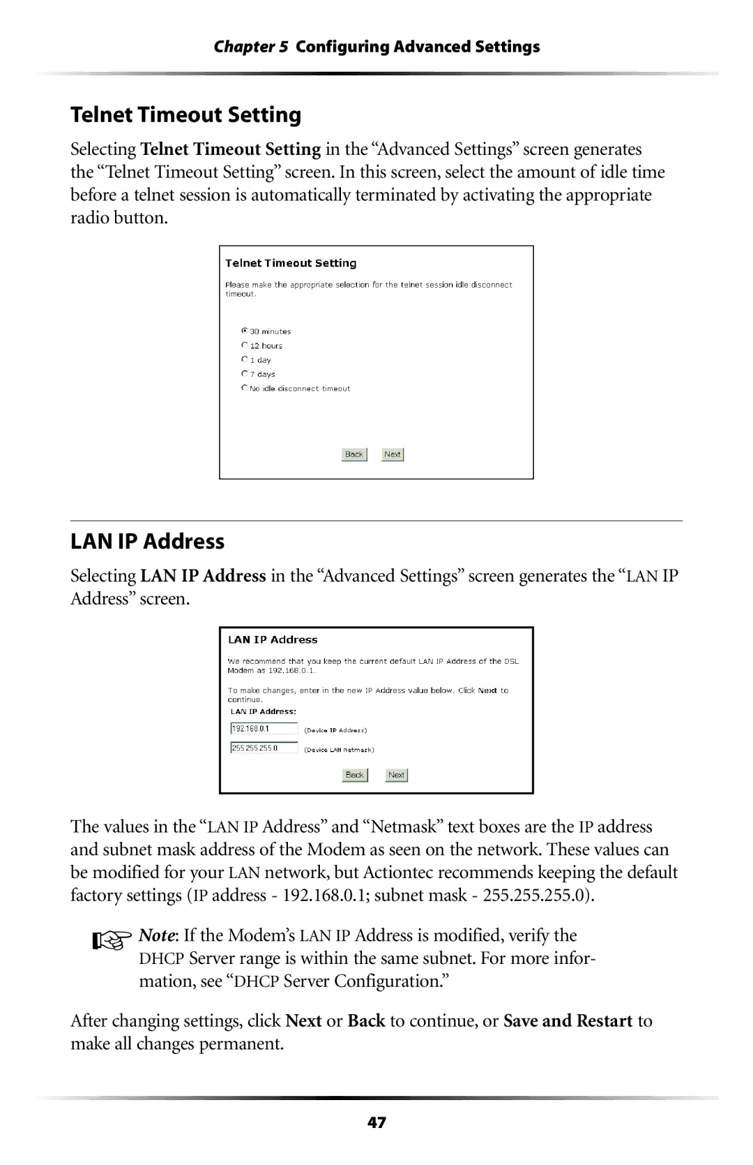 Actiontec electronic GT701WG-QW04 user manual Telnet Timeout Setting, LAN IP Address 