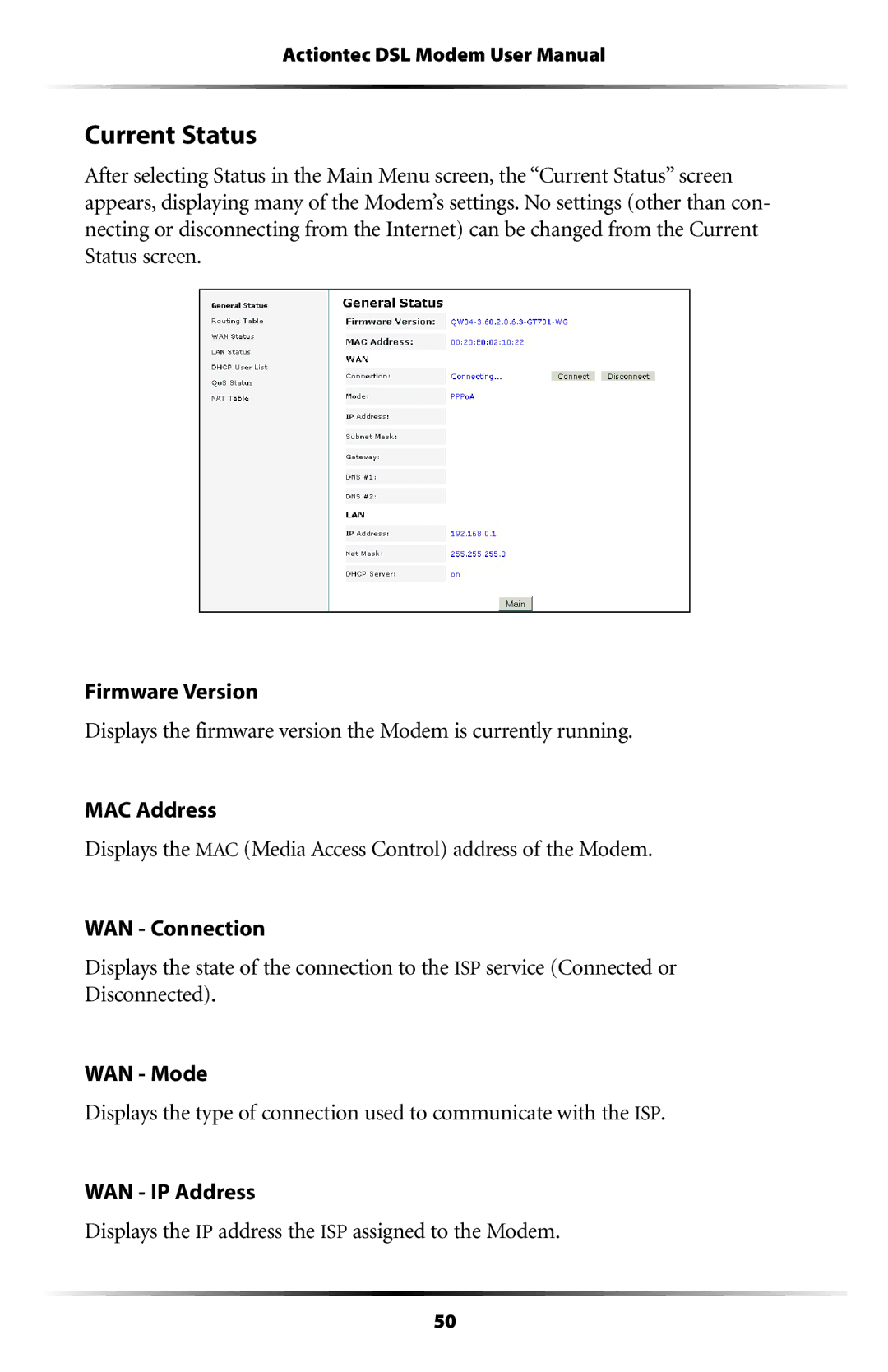 Actiontec electronic GT701WG-QW04 user manual Current Status 