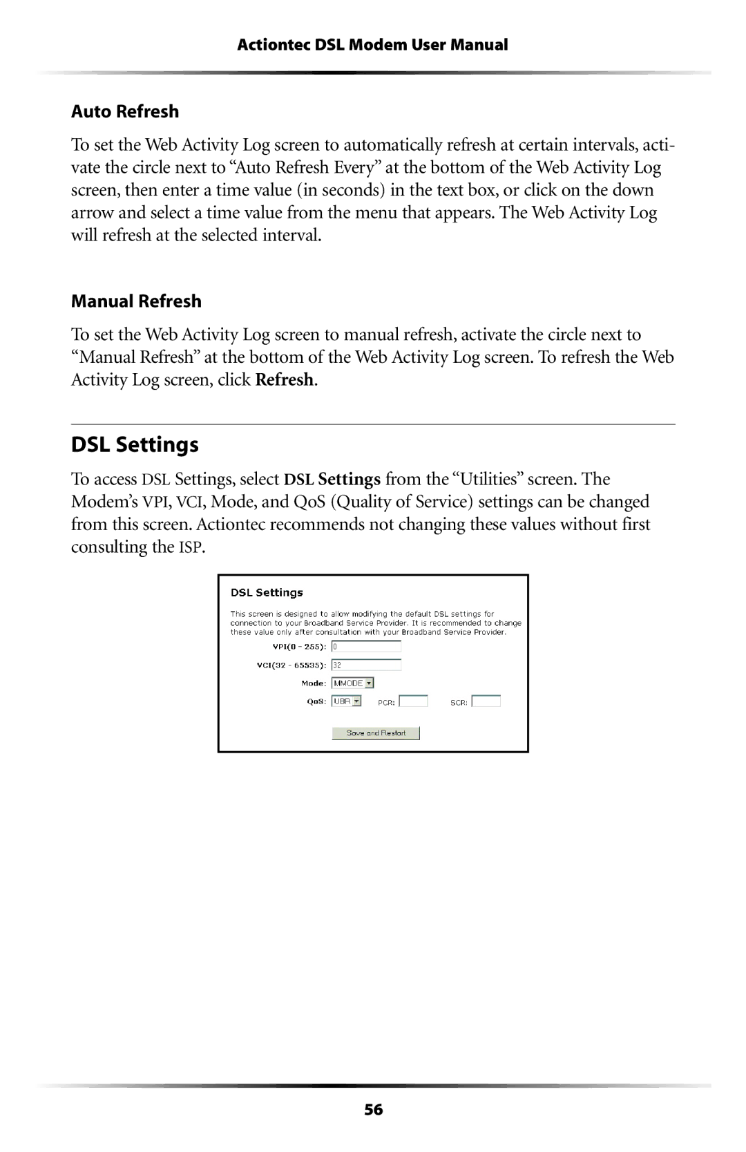 Actiontec electronic GT701WG-QW04 user manual DSL Settings 