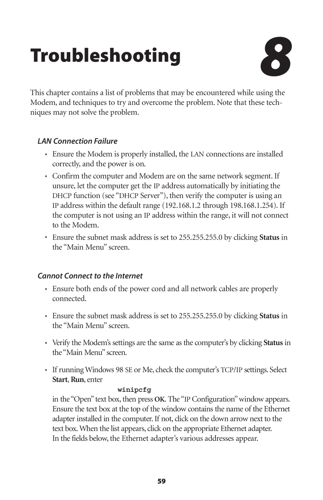 Actiontec electronic GT701WG-QW04 user manual Troubleshooting, LAN Connection Failure, Cannot Connect to the Internet 