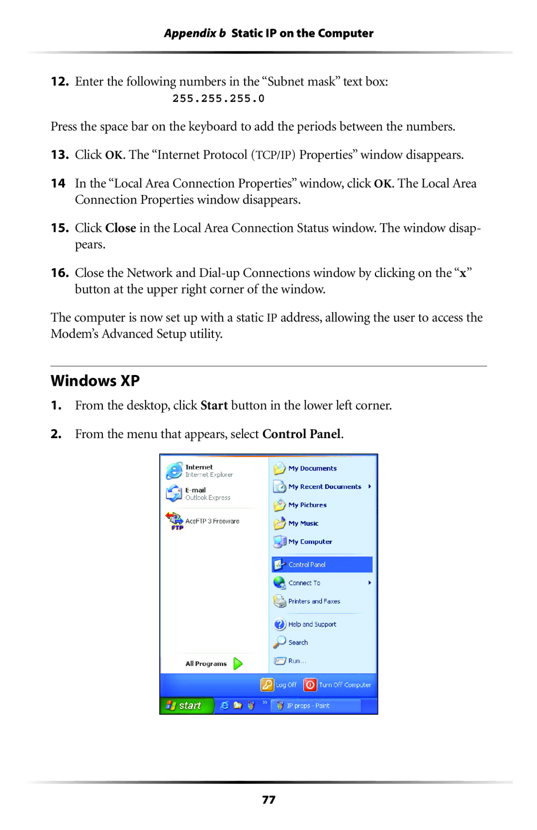 Actiontec electronic GT701WG-QW04 user manual Windows XP, Enter the following numbers in the Subnet mask text box 