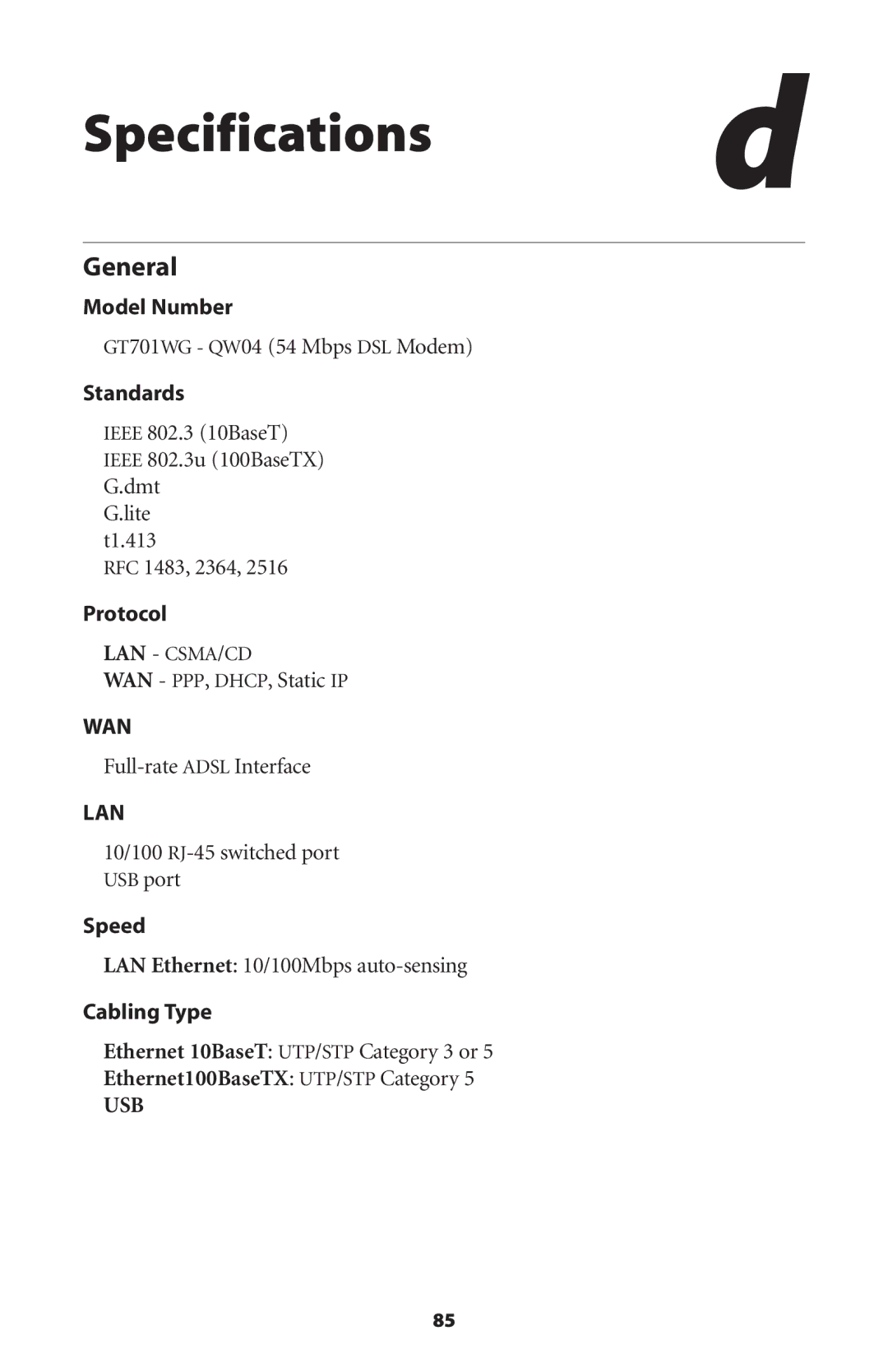 Actiontec electronic GT701WG-QW04 user manual Specifications d, General, WAN PPP, DHCP, Static IP, Full-rate Adsl Interface 