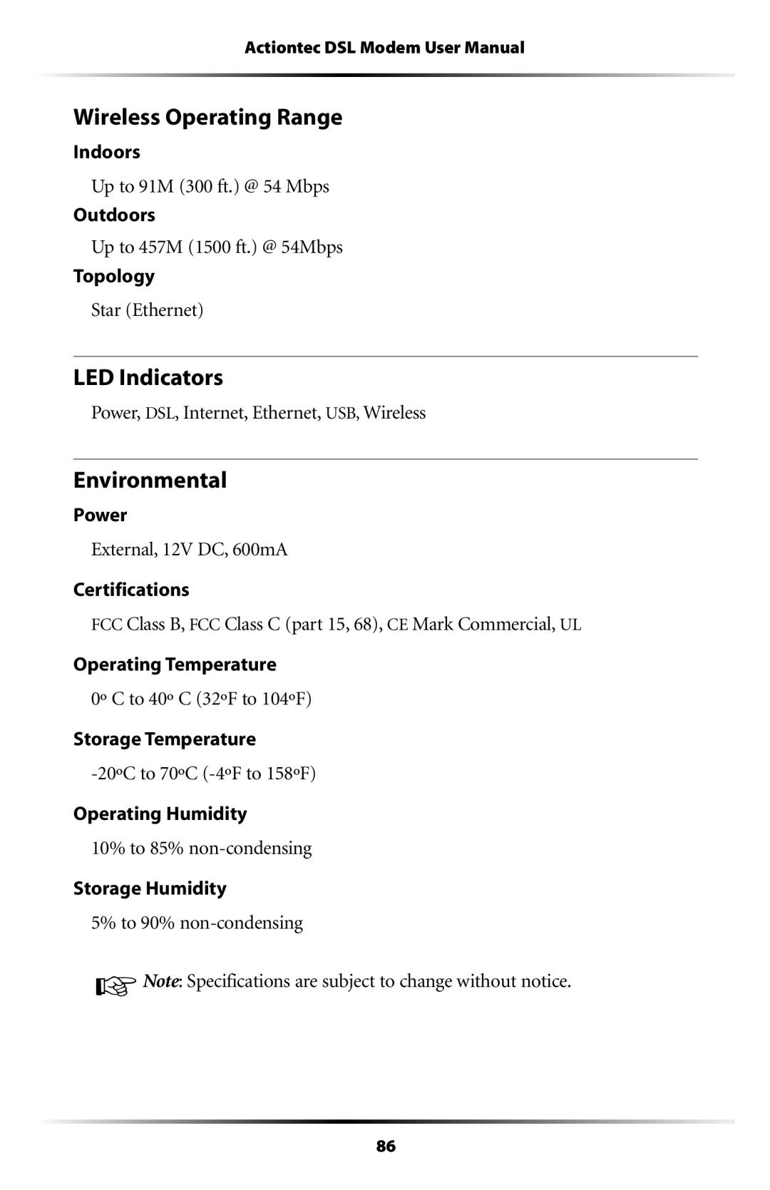 Actiontec electronic GT701WG-QW04 user manual Wireless Operating Range, LED Indicators, Environmental 