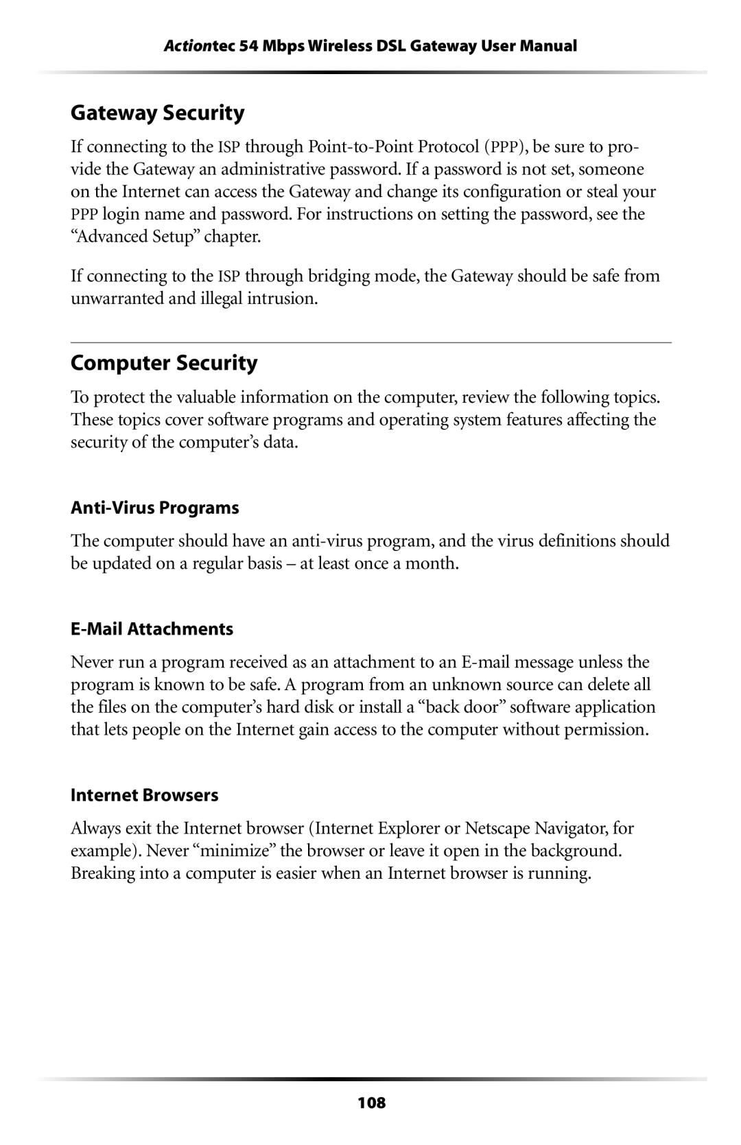 Actiontec electronic GT701WG user manual Gateway Security, Computer Security, Internet Browsers 