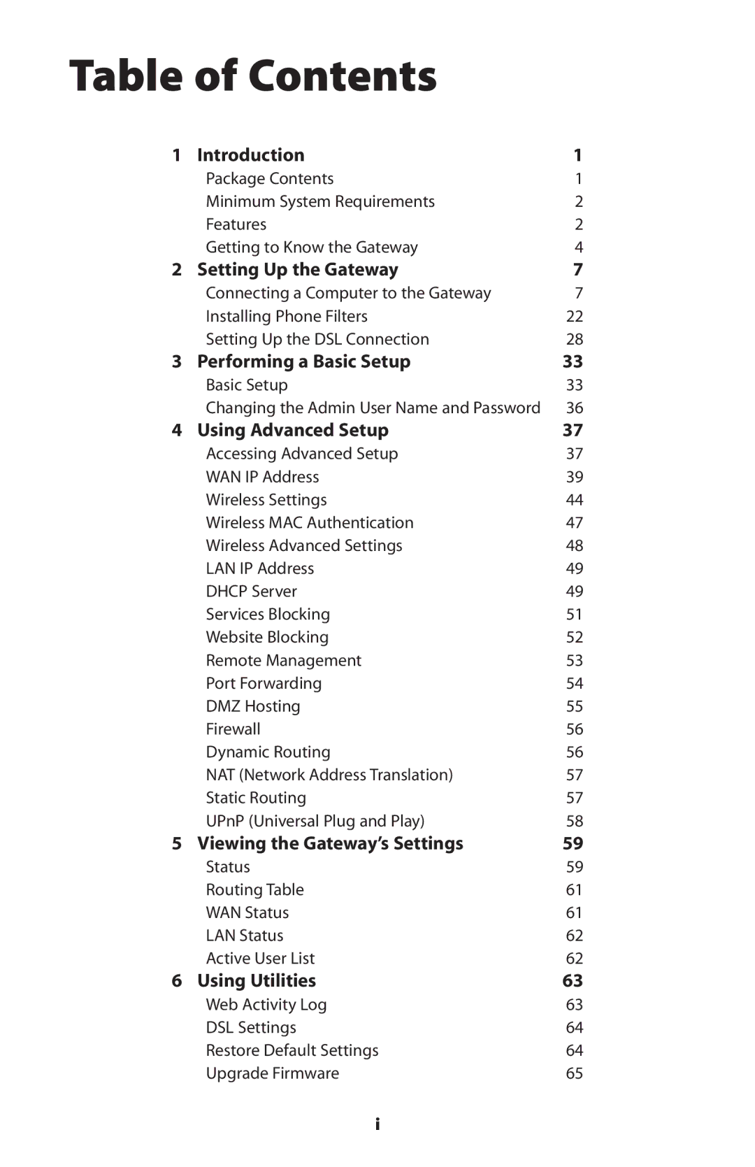 Actiontec electronic GT701WG user manual Table of Contents 