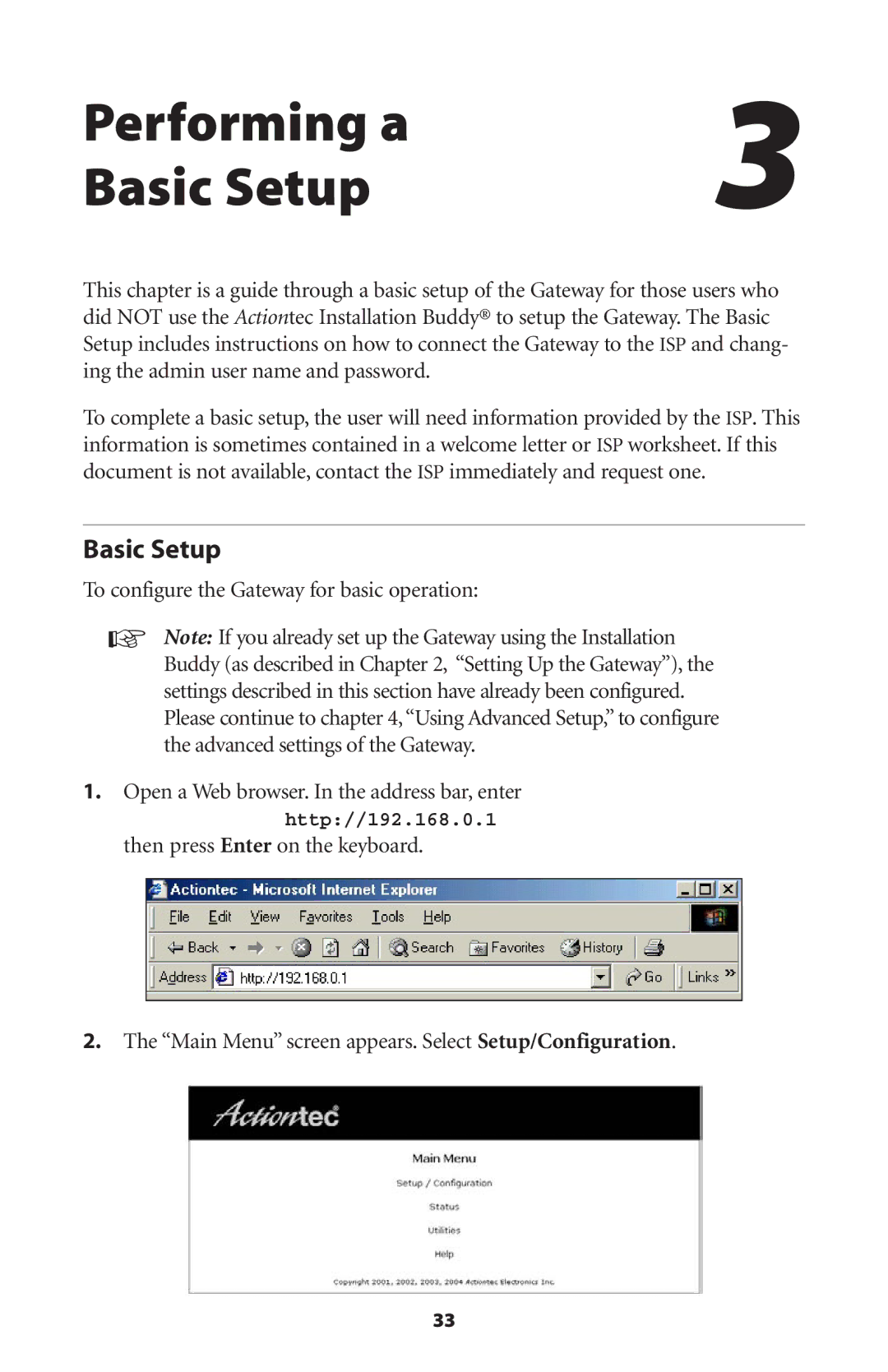 Actiontec electronic GT701WG user manual Performing a Basic Setup, To configure the Gateway for basic operation 