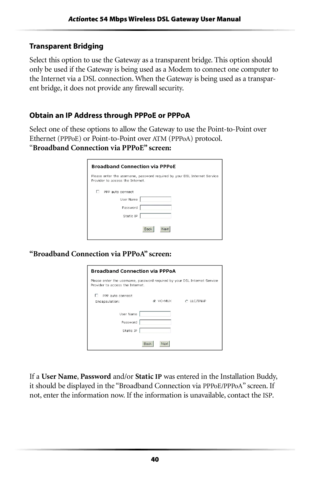 Actiontec electronic GT701WG user manual Transparent Bridging, Obtain an IP Address through PPPoE or PPPoA 