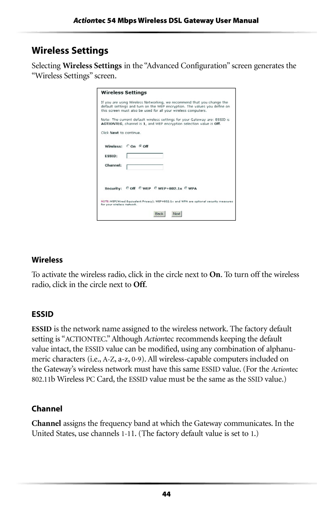 Actiontec electronic GT701WG user manual Wireless Settings, Channel 