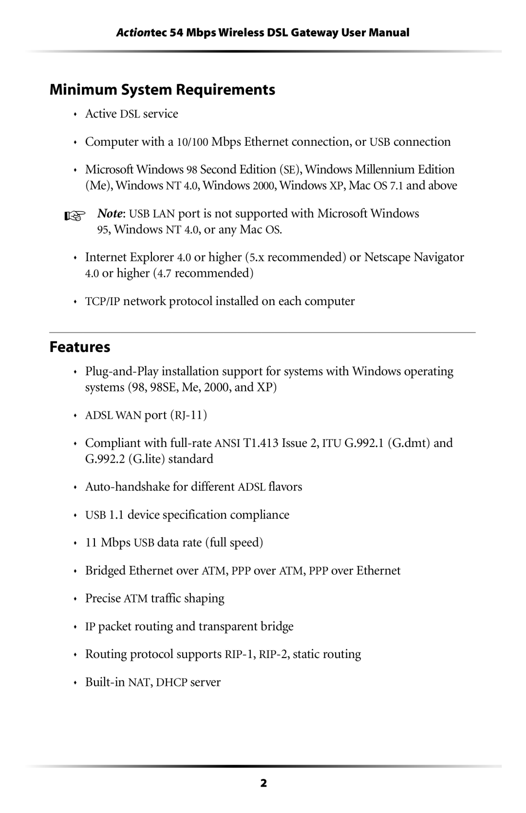 Actiontec electronic GT701WG user manual Minimum System Requirements, Features 