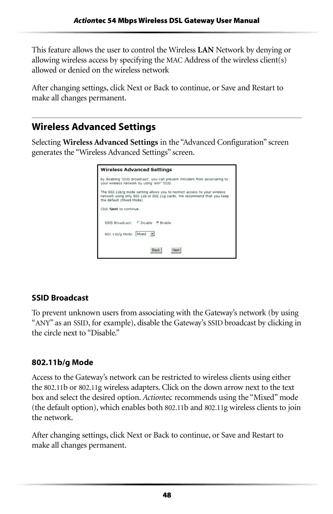 Actiontec electronic GT701WG user manual Wireless Advanced Settings 