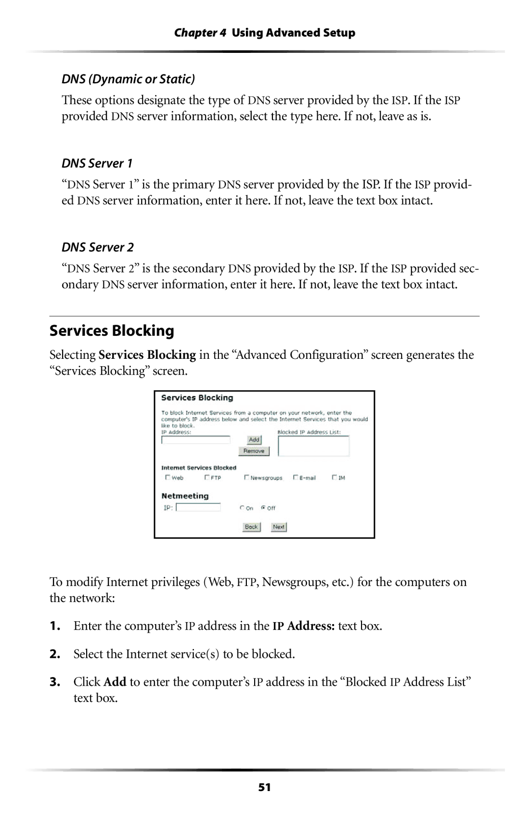 Actiontec electronic GT701WG user manual Services Blocking, DNS Dynamic or Static, DNS Server 