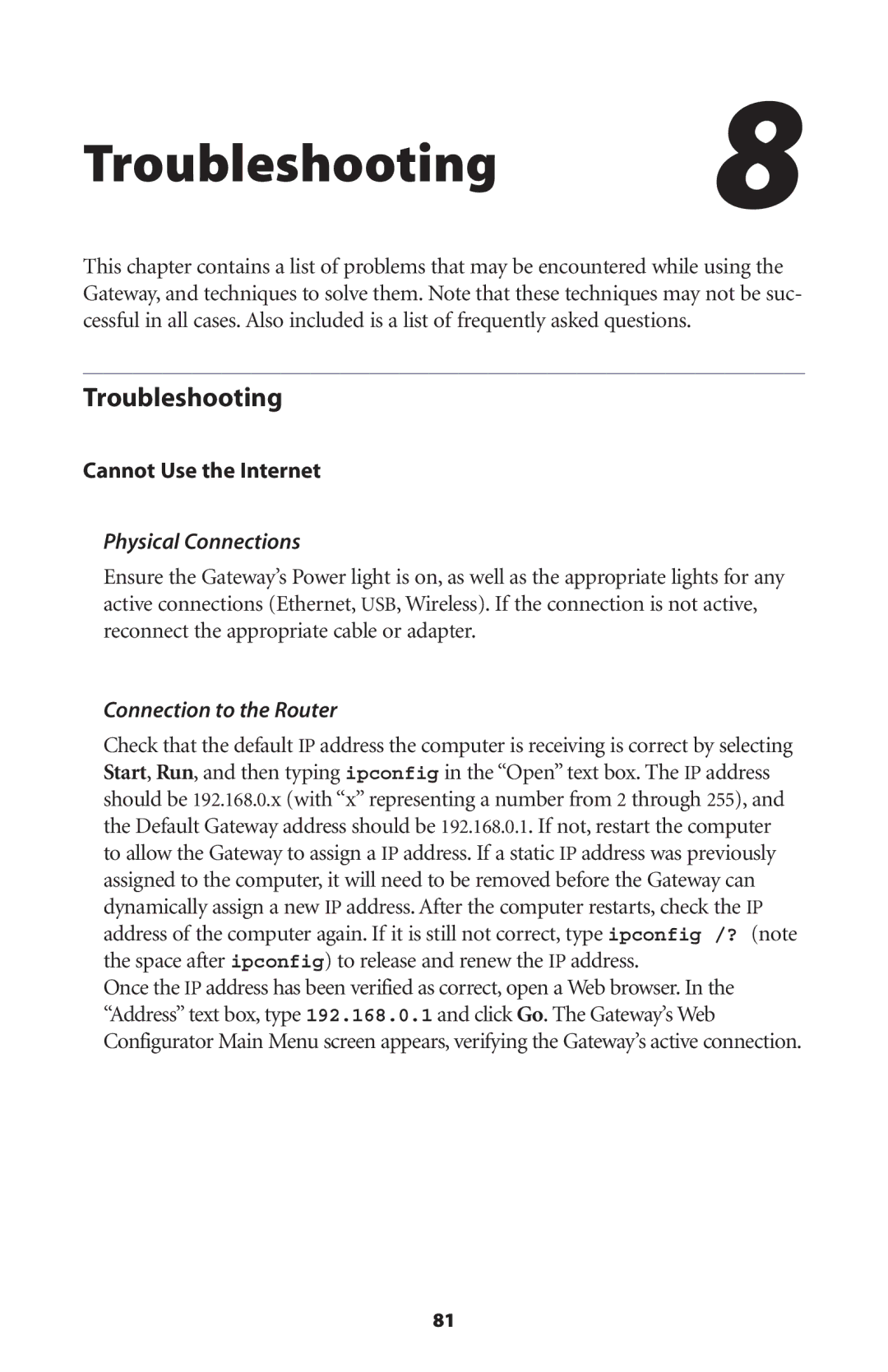 Actiontec electronic GT701WG Troubleshooting, Cannot Use the Internet, Physical Connections, Connection to the Router 