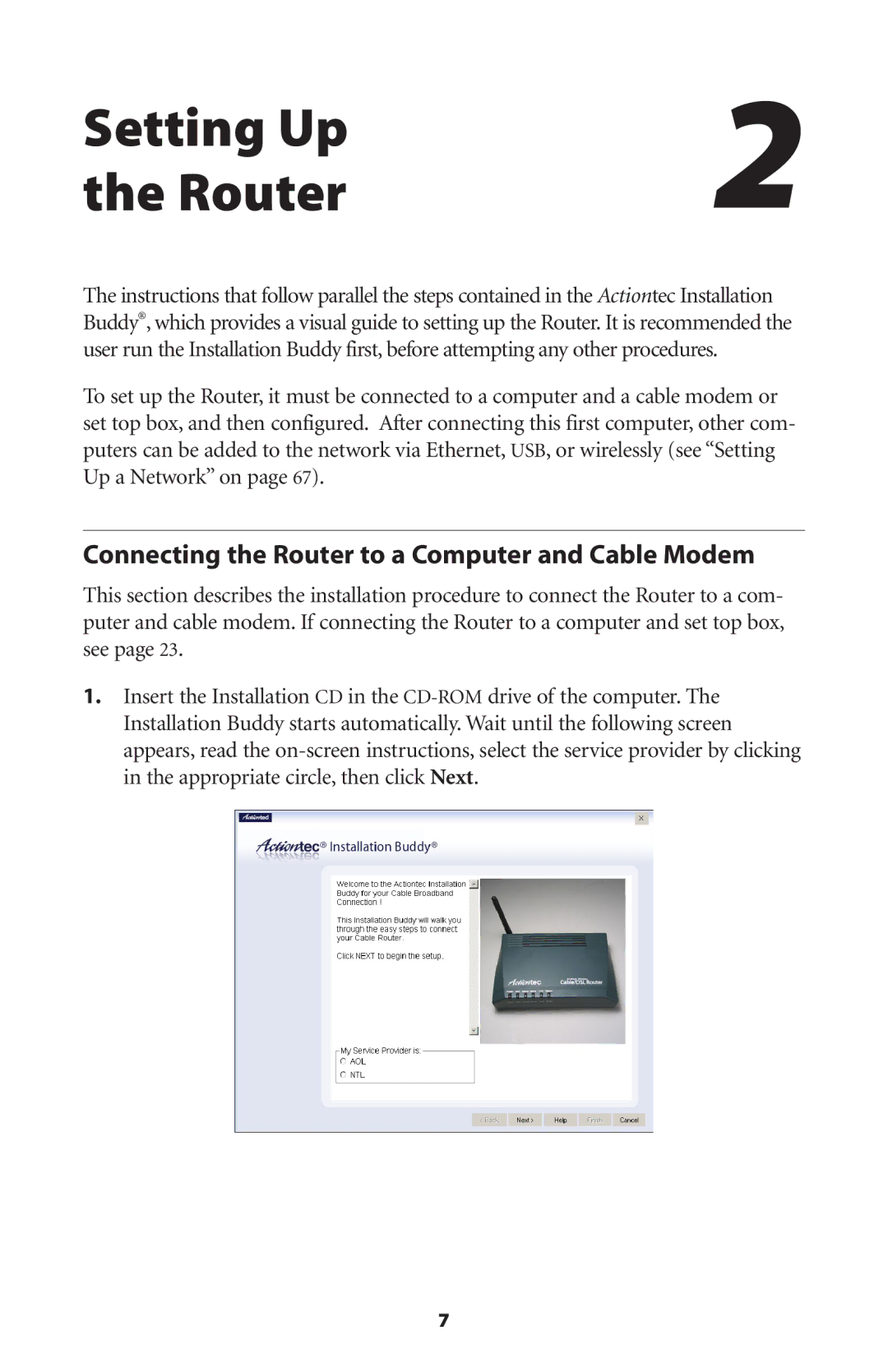 Actiontec electronic GT701WRU user manual Setting Up Router, Connecting the Router to a Computer and Cable Modem 