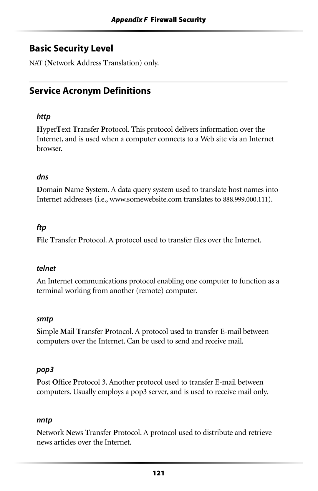 Actiontec electronic GT701WRU user manual Basic Security Level, Service Acronym Definitions 