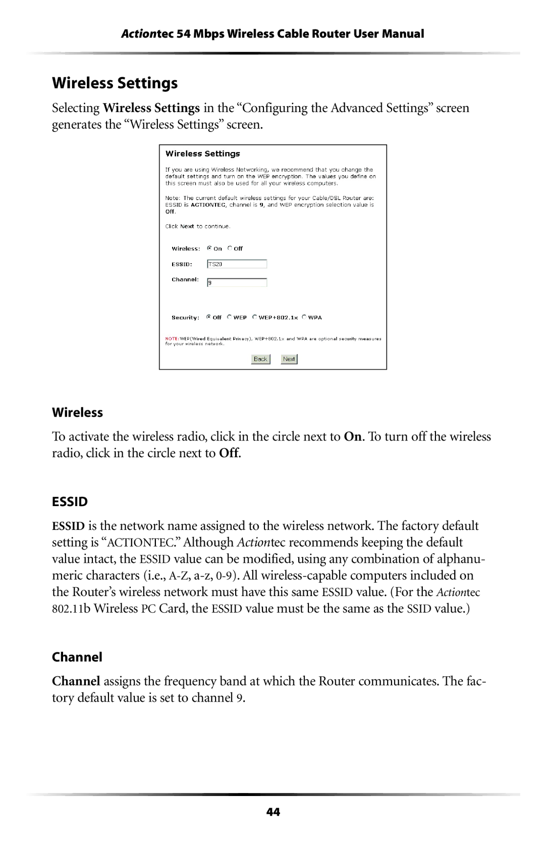 Actiontec electronic GT701WRU user manual Wireless Settings, Essid 