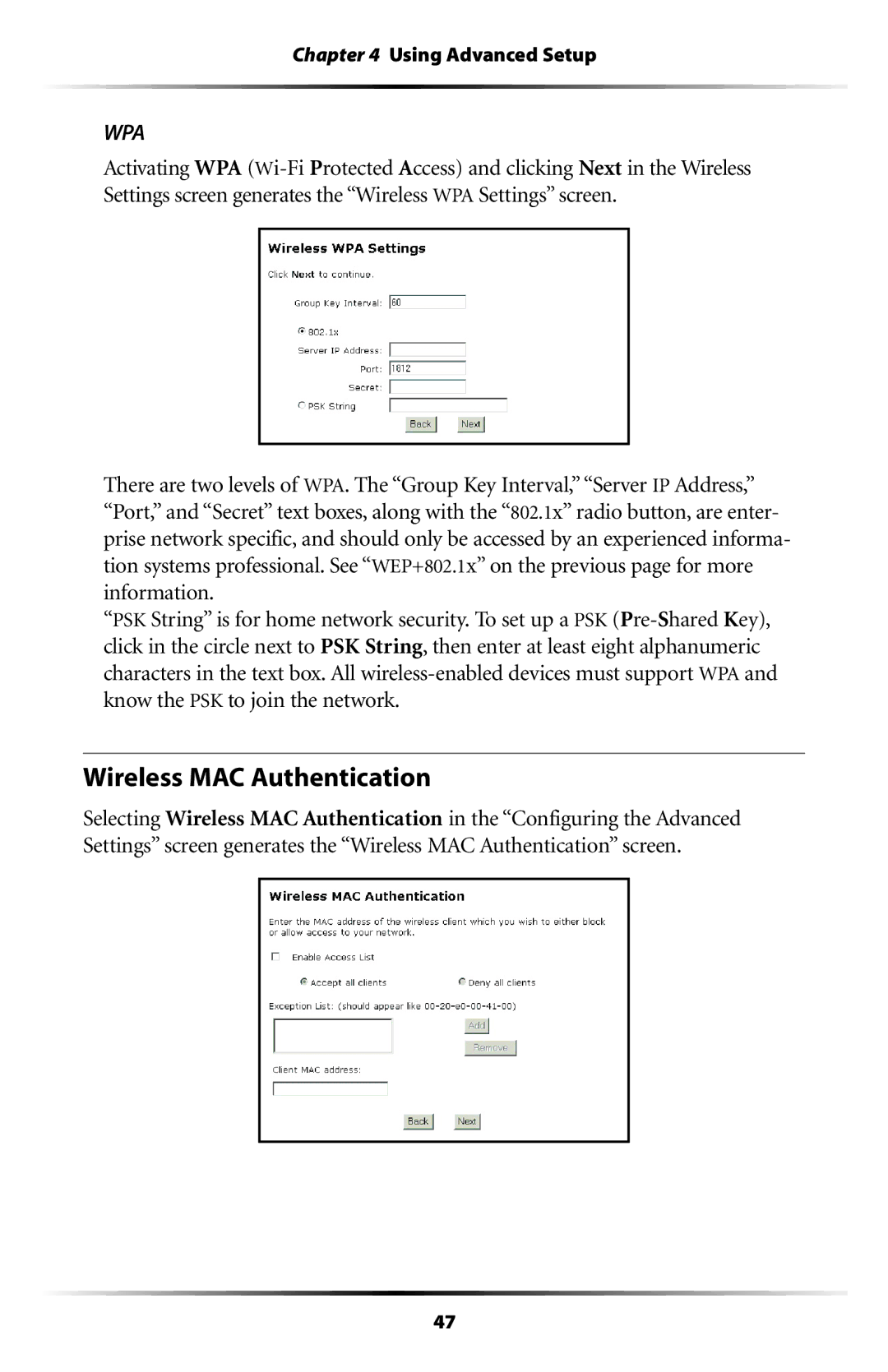 Actiontec electronic GT701WRU user manual Wireless MAC Authentication, Wpa 