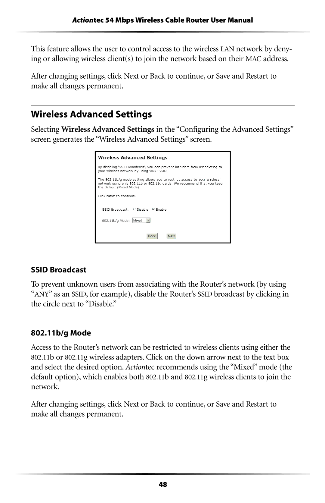 Actiontec electronic GT701WRU user manual Wireless Advanced Settings 