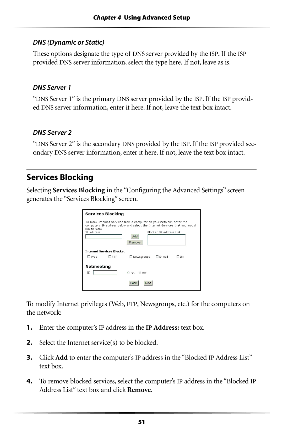 Actiontec electronic GT701WRU user manual Services Blocking, DNS Dynamic or Static, DNS Server 