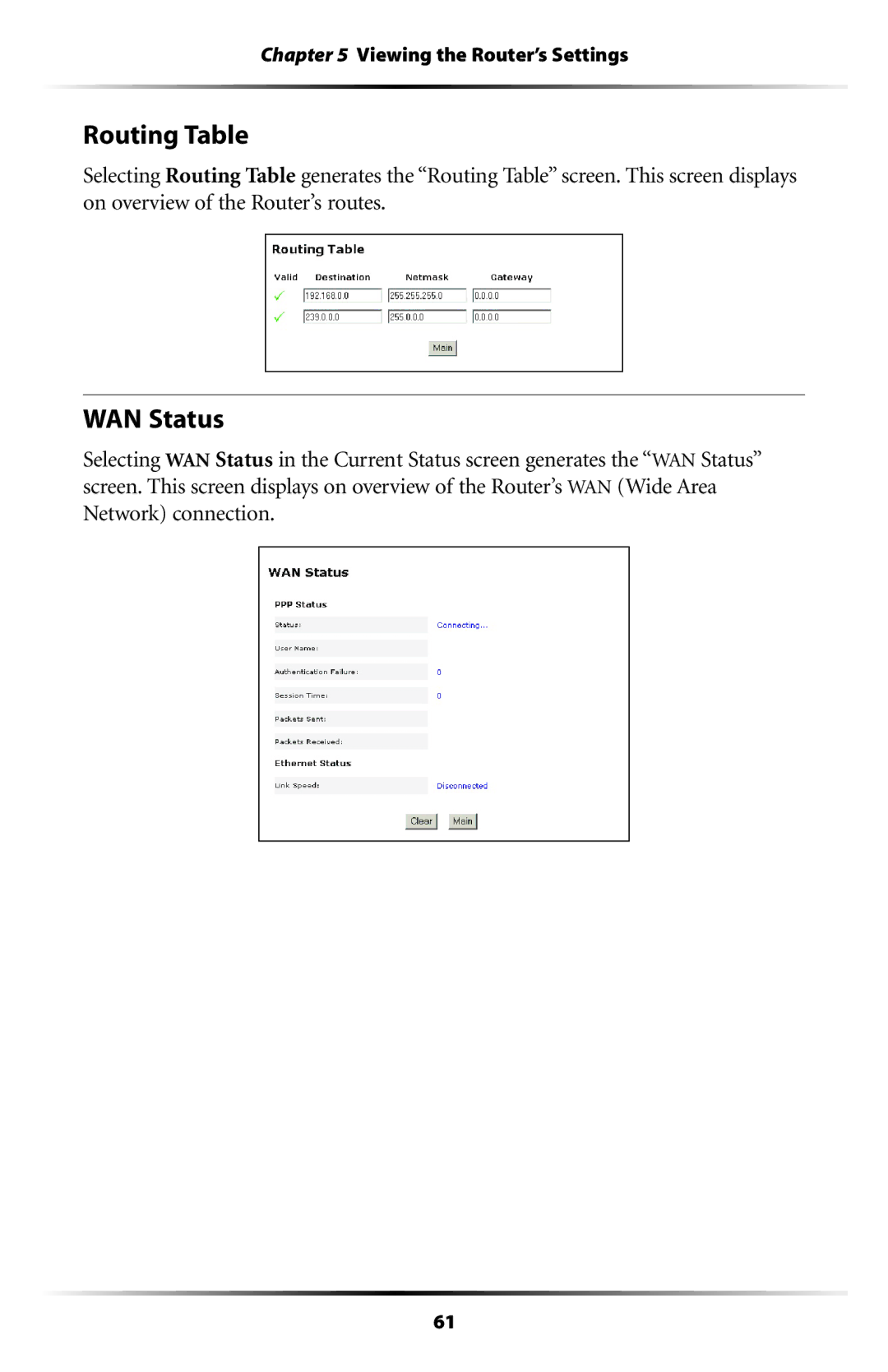 Actiontec electronic GT701WRU user manual Routing Table, WAN Status 