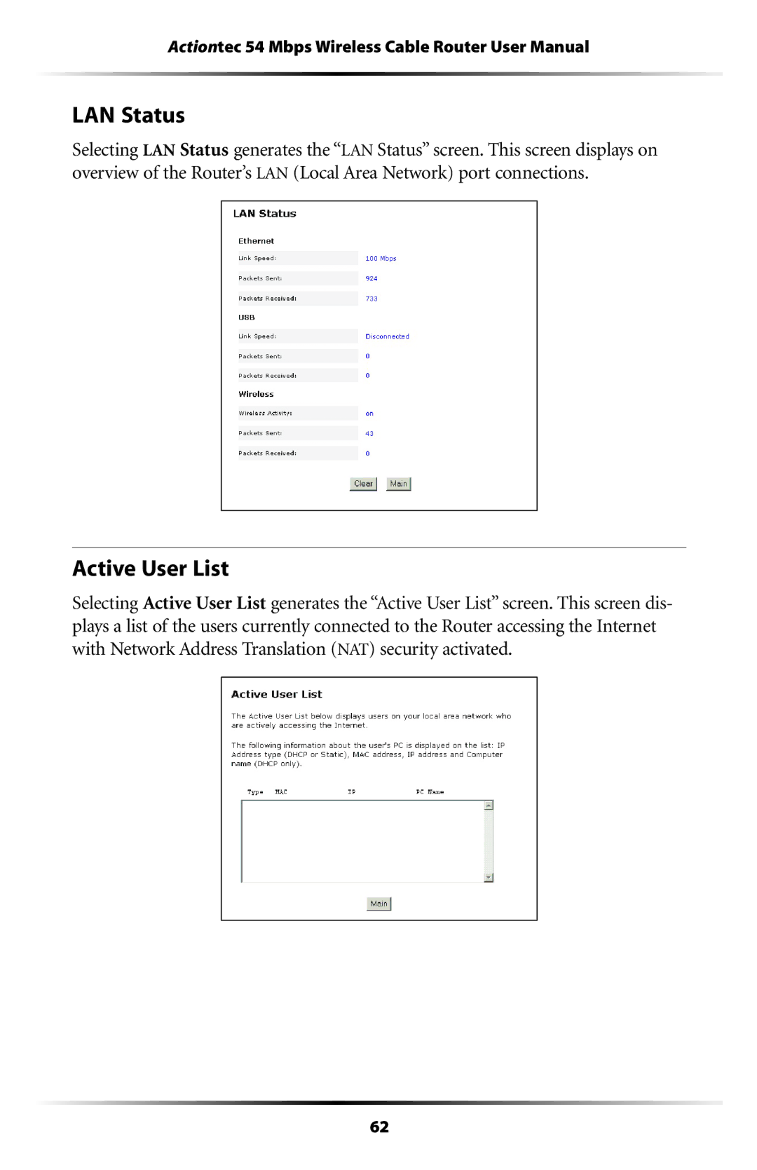 Actiontec electronic GT701WRU user manual LAN Status, Active User List 