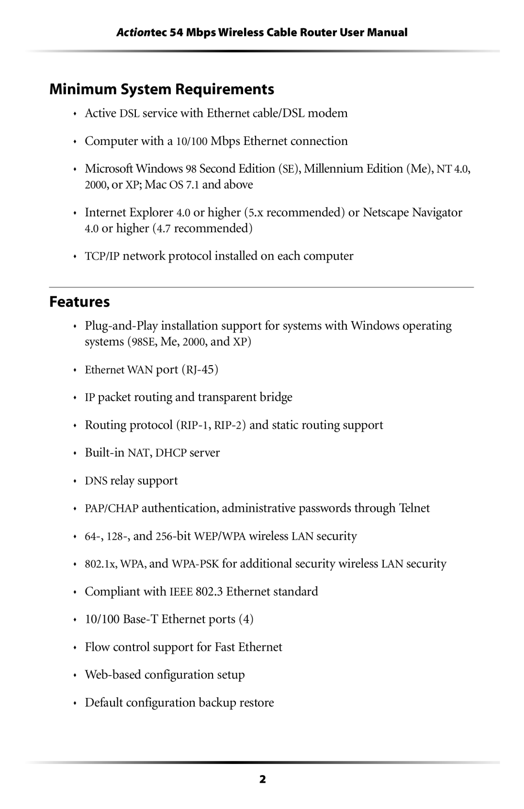 Actiontec electronic GT701WRU user manual Minimum System Requirements, Features 