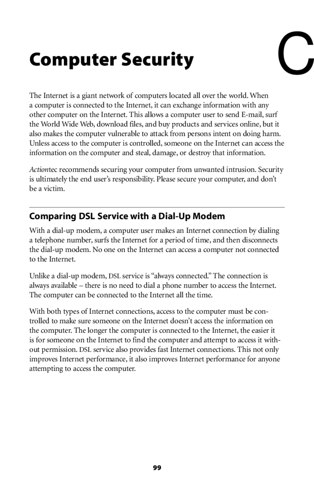 Actiontec electronic GT704 user manual Computer Security, Comparing DSL Service with a Dial-Up Modem 