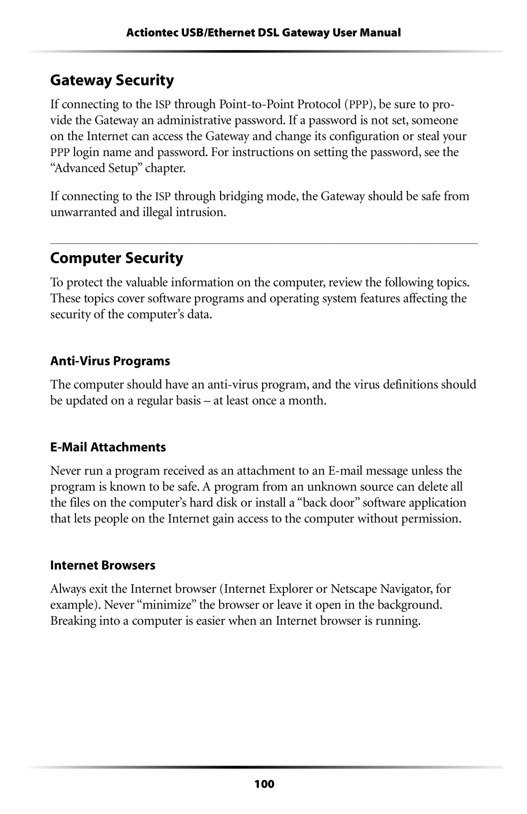 Actiontec electronic GT704 user manual Gateway Security, Computer Security, Internet Browsers 