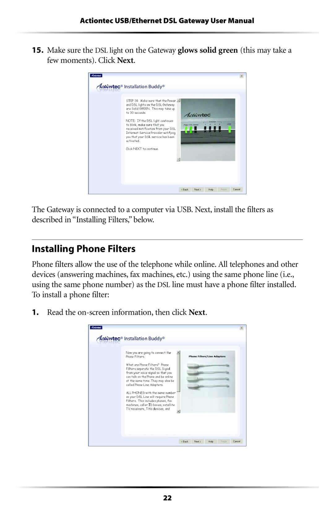 Actiontec electronic GT704 user manual Installing Phone Filters 