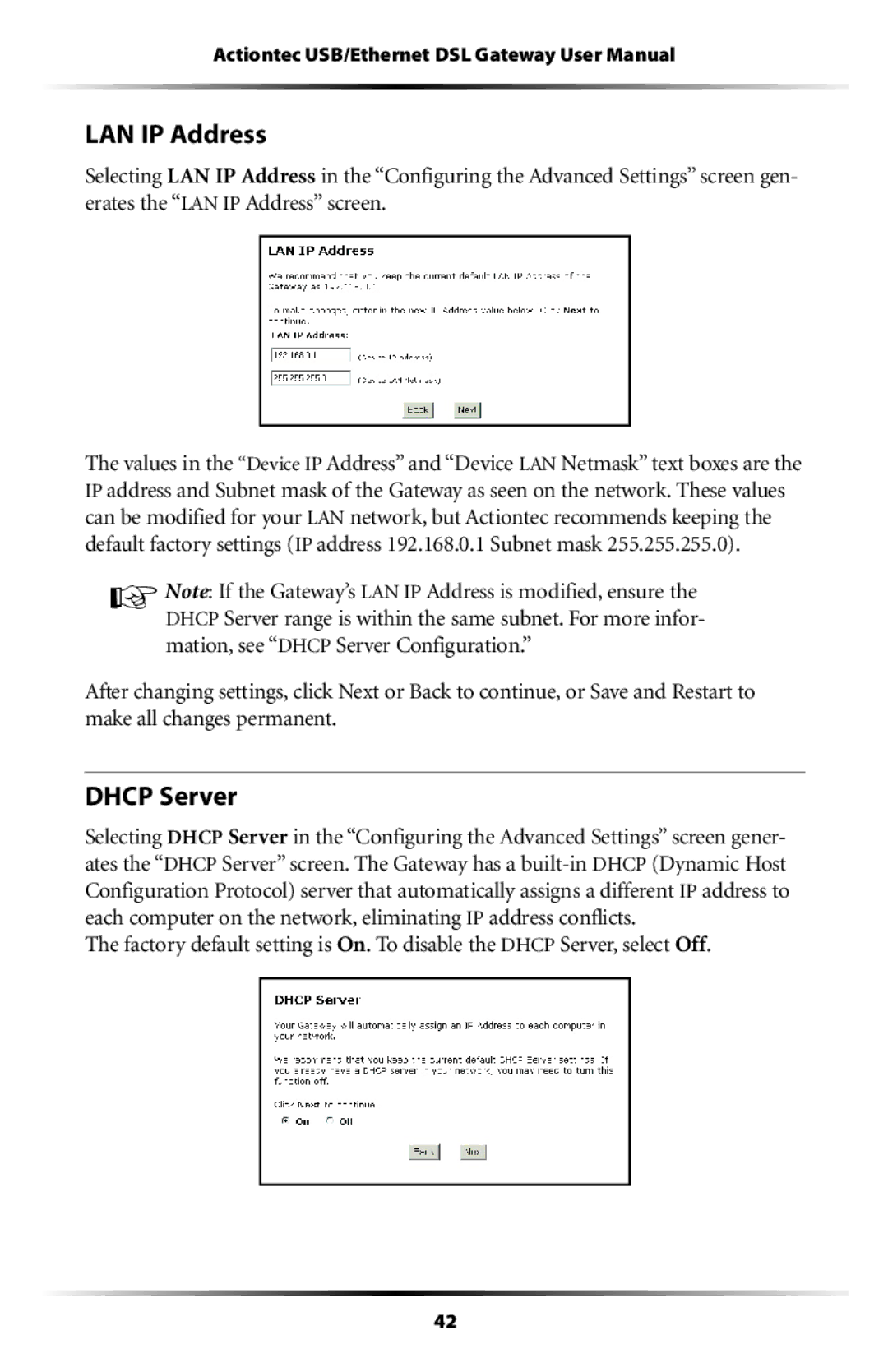 Actiontec electronic GT704 user manual LAN IP Address, Dhcp Server 