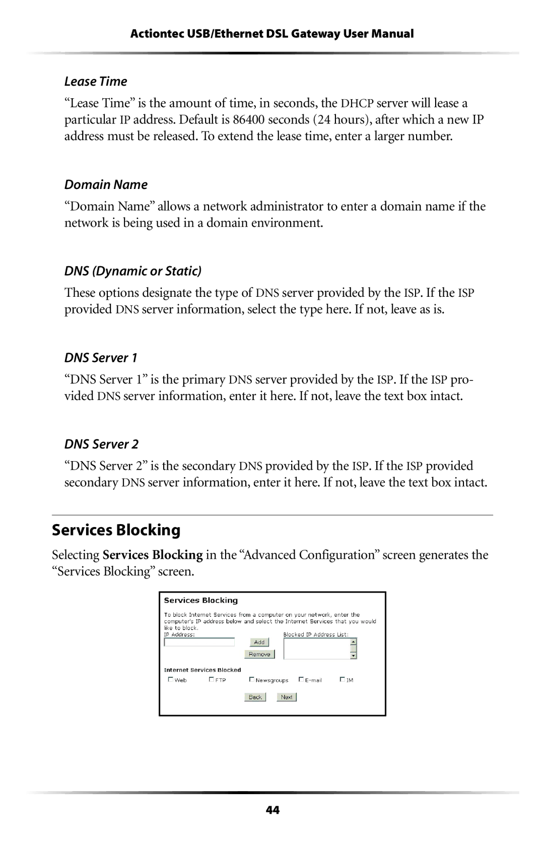 Actiontec electronic GT704 user manual Services Blocking, Lease Time 