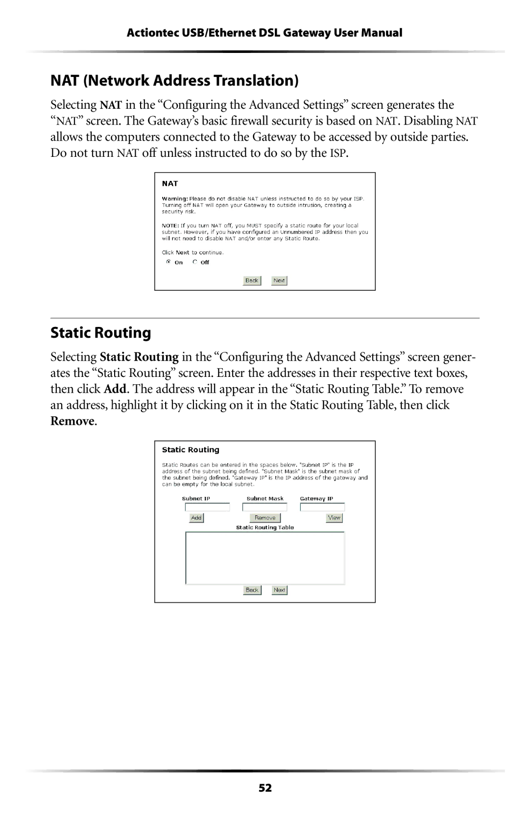 Actiontec electronic GT704 user manual NAT Network Address Translation, Static Routing 