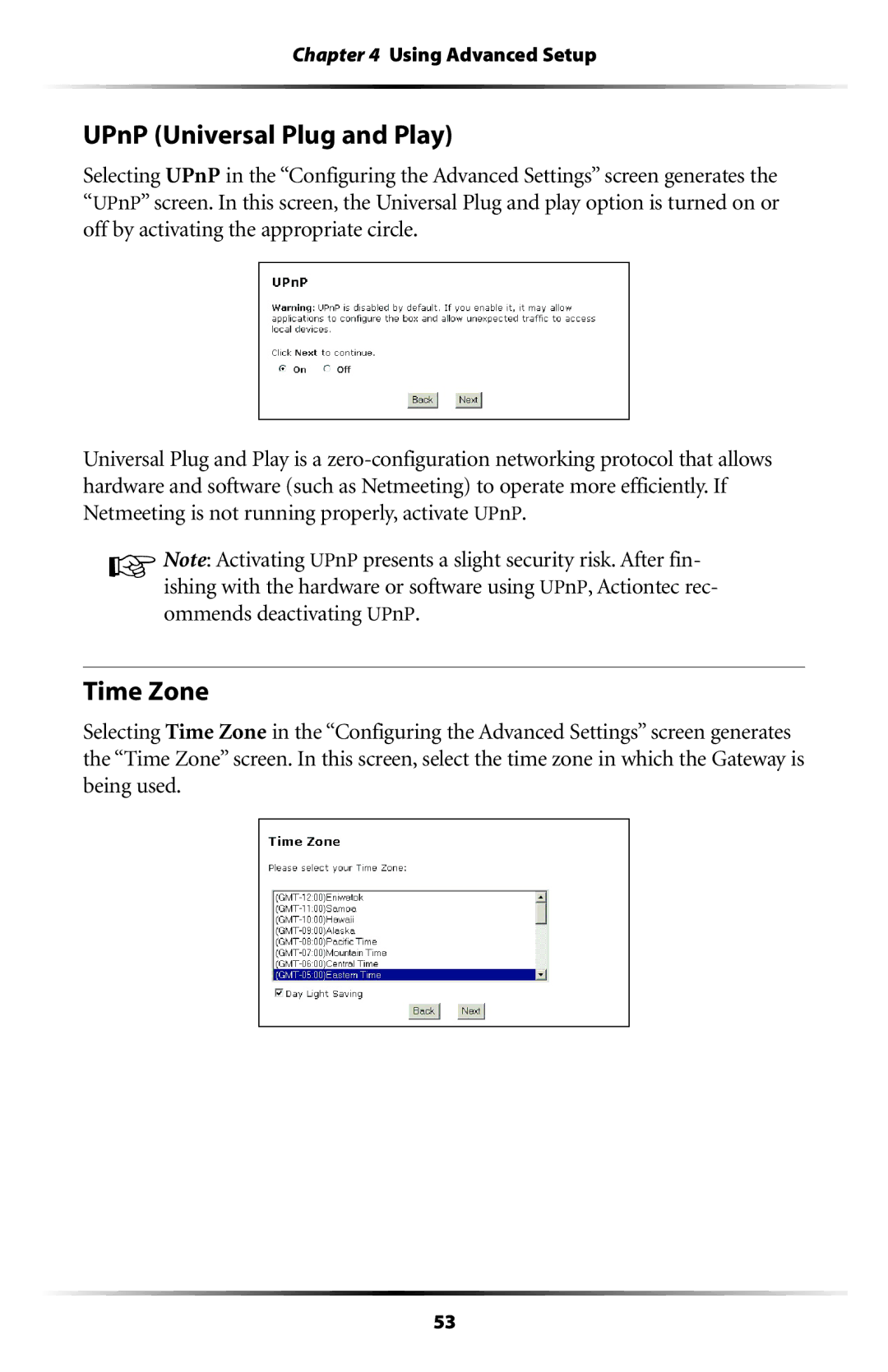 Actiontec electronic GT704 user manual UPnP Universal Plug and Play, Time Zone 