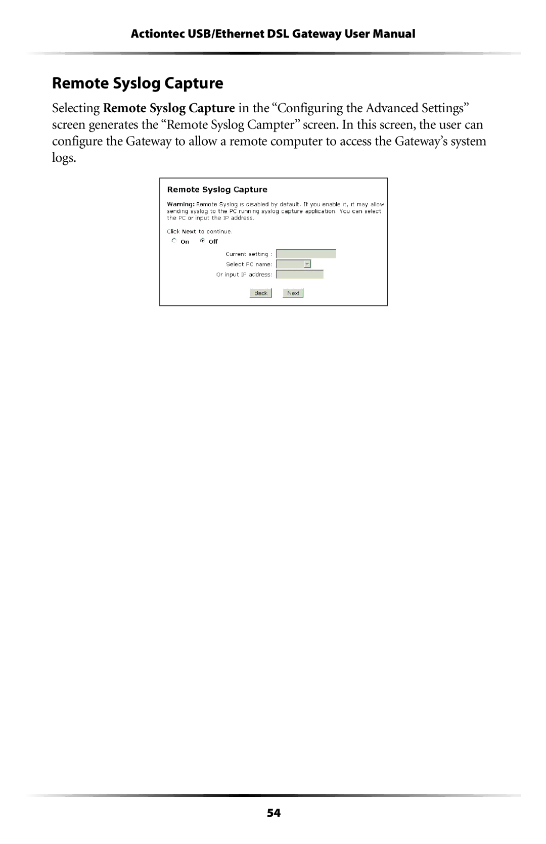 Actiontec electronic GT704 user manual Remote Syslog Capture 