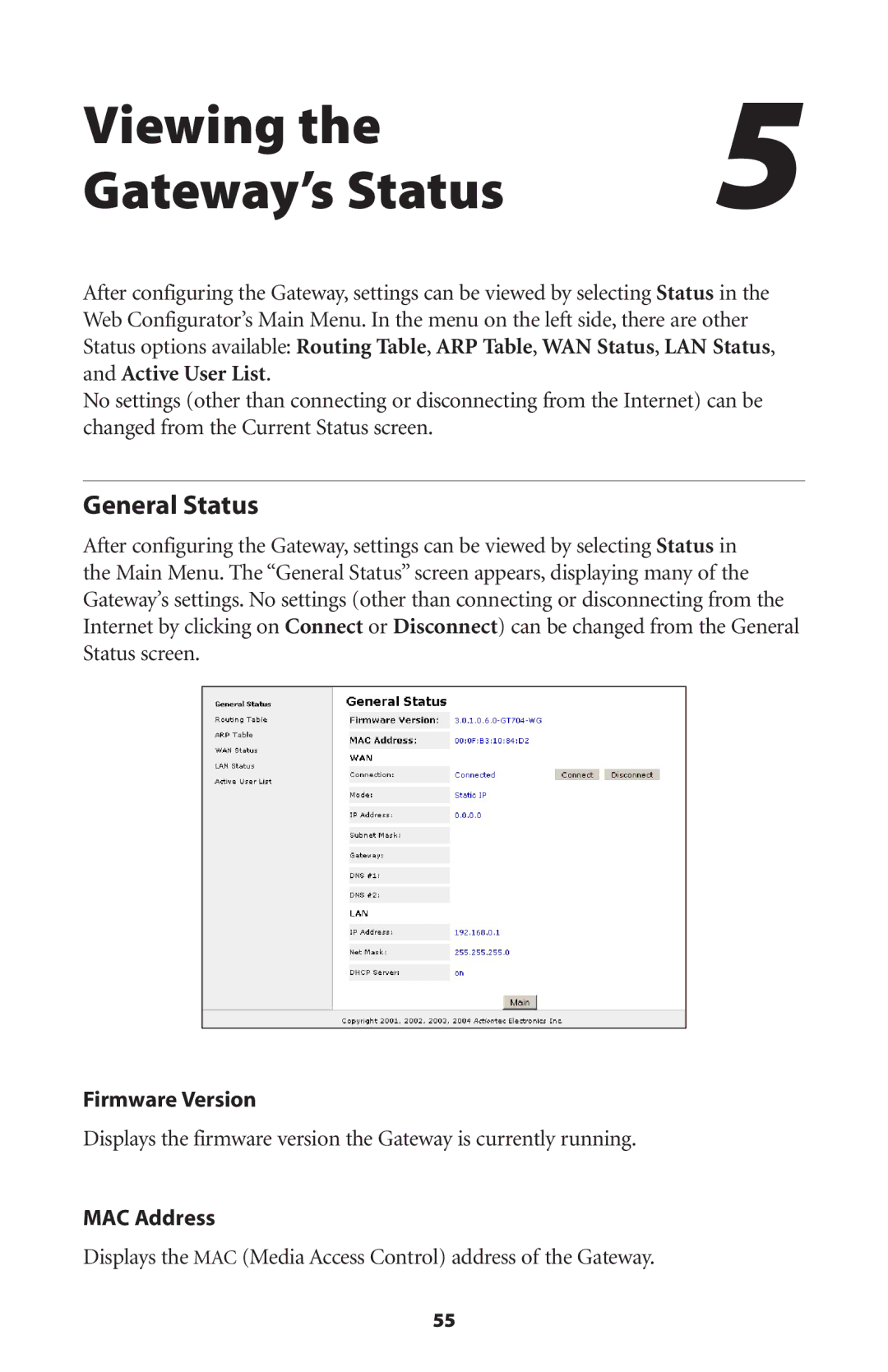 Actiontec electronic GT704 user manual Viewing Gateway’s Status, General Status 